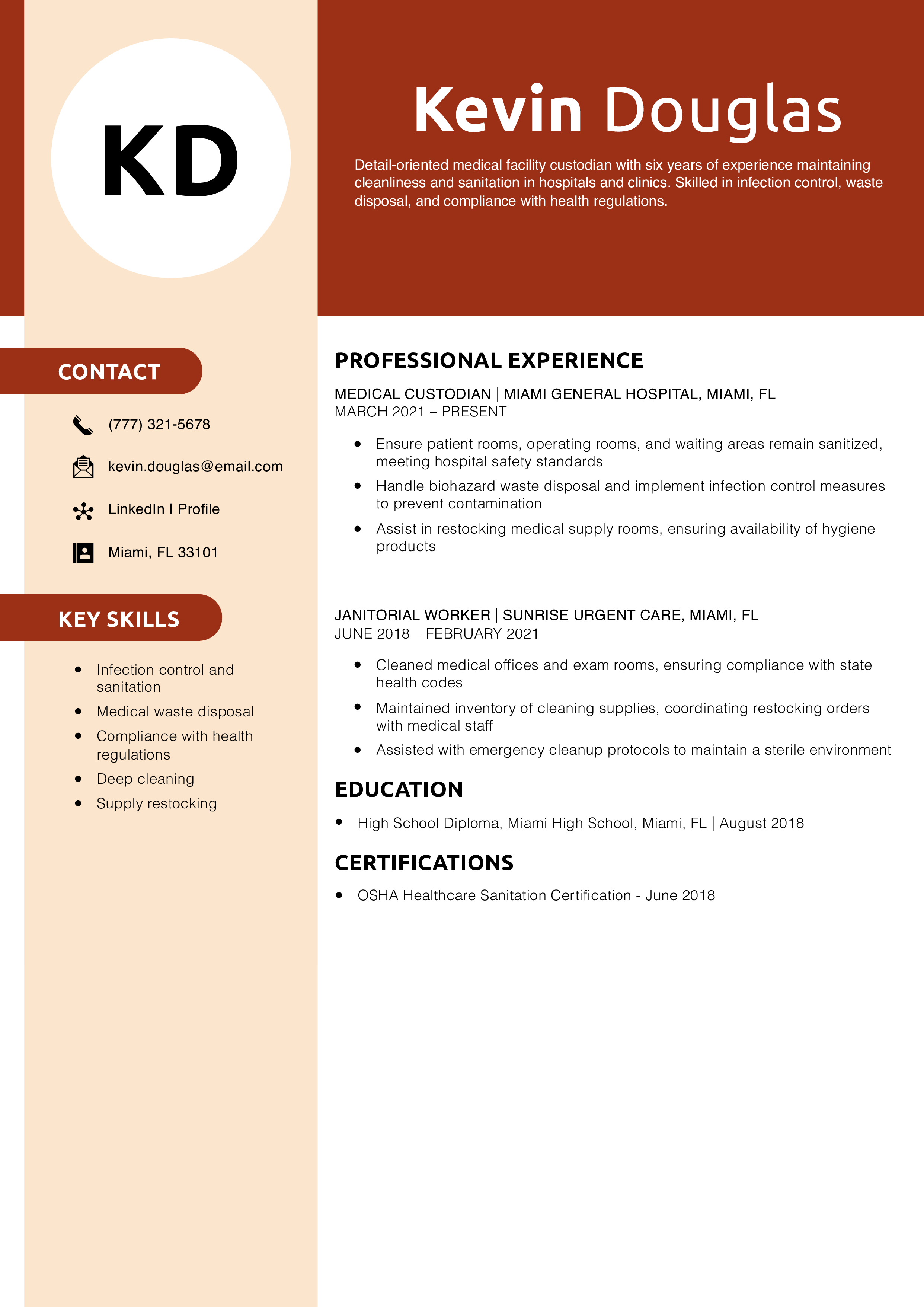 Medical Facility Custodian Resume Example