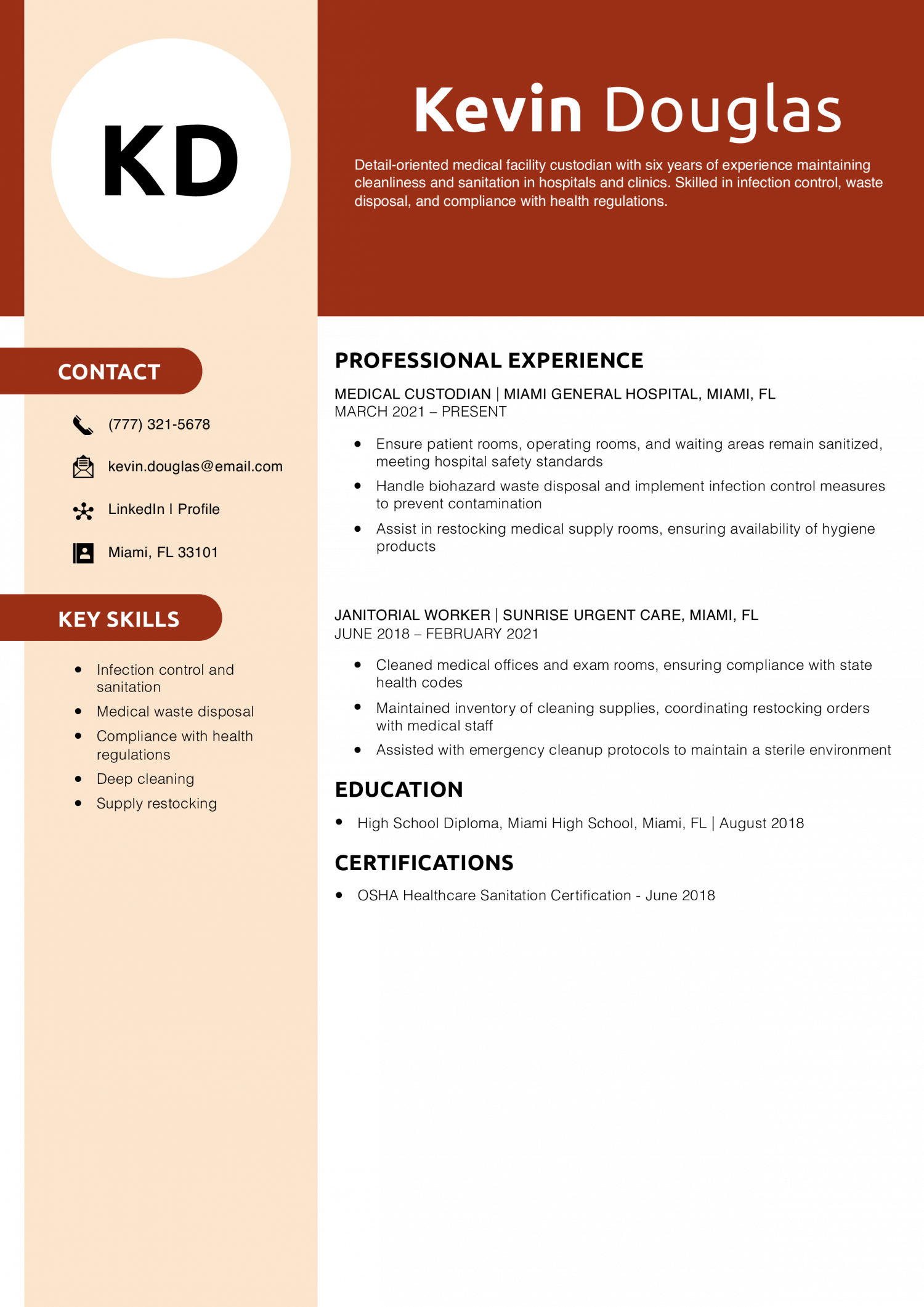 Medical Facility Custodian Resume Example
