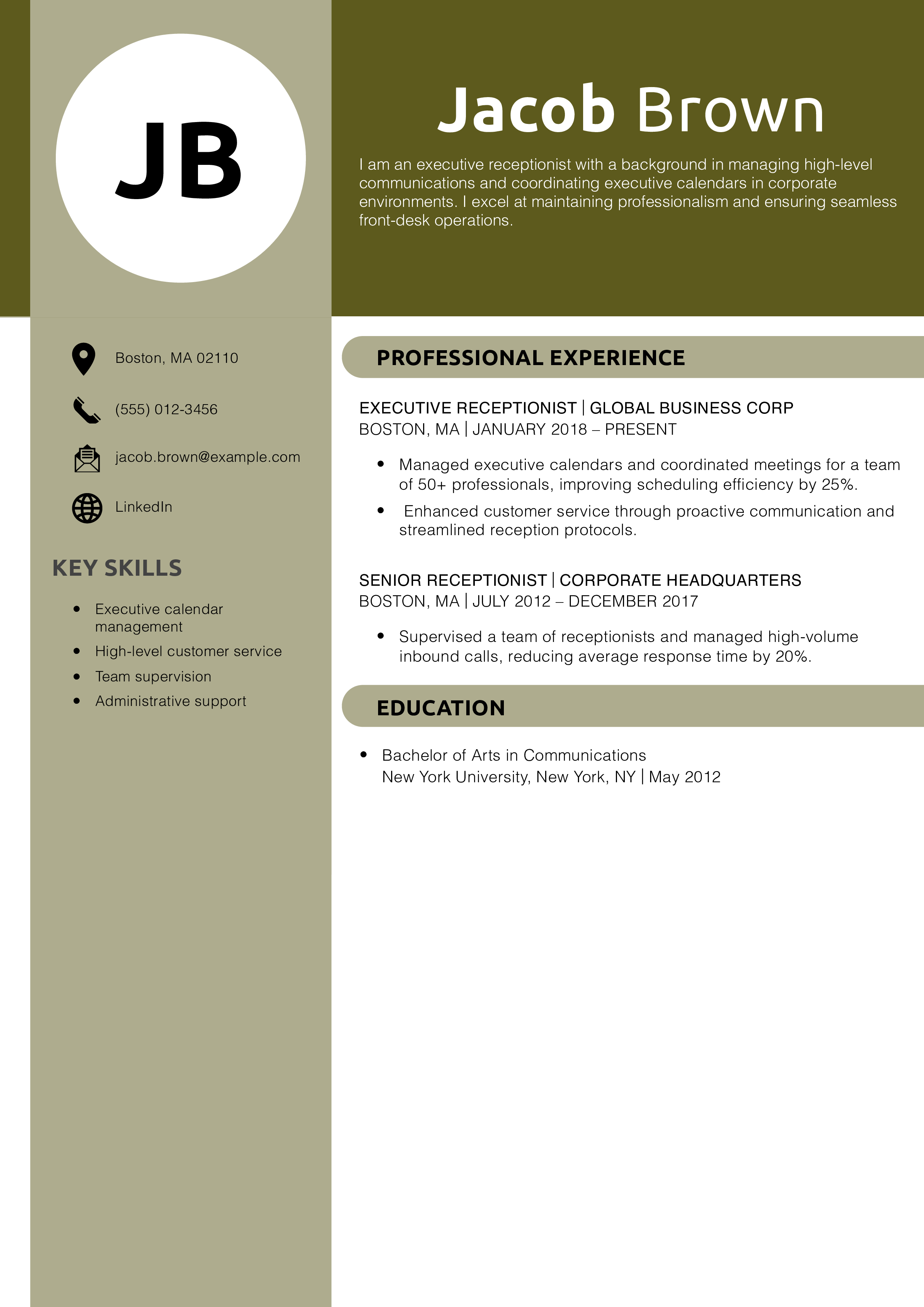 Executive Receptionist Resume Example
