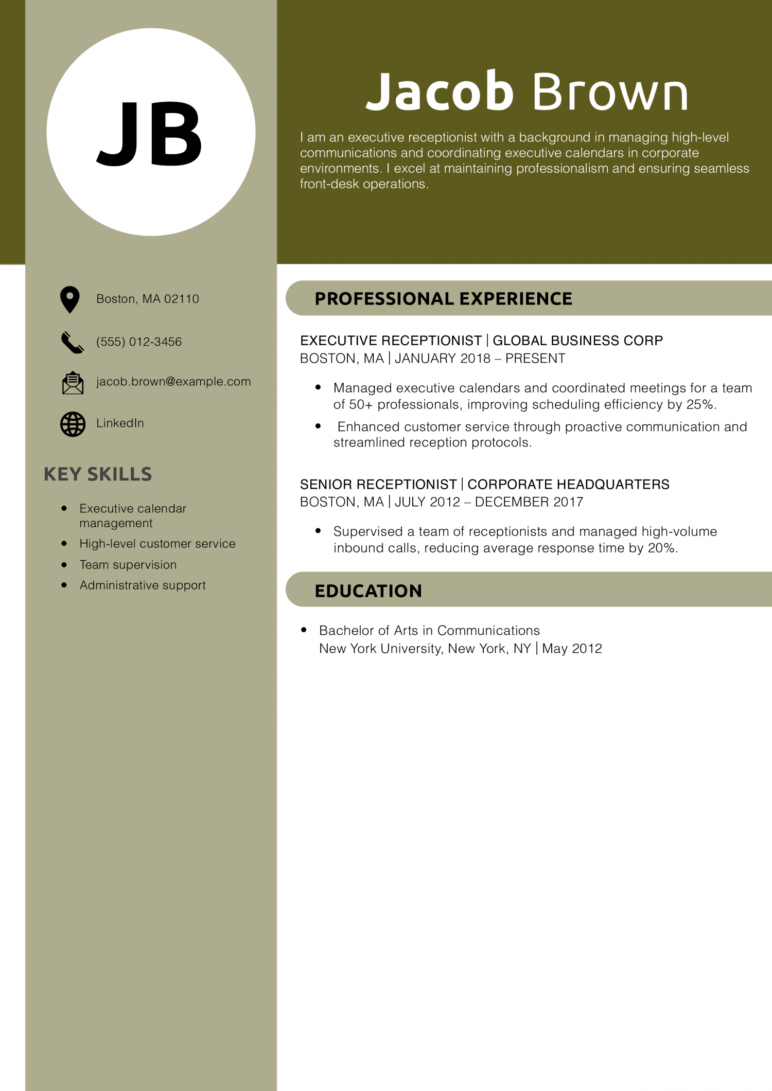 Executive Receptionist Resume Example