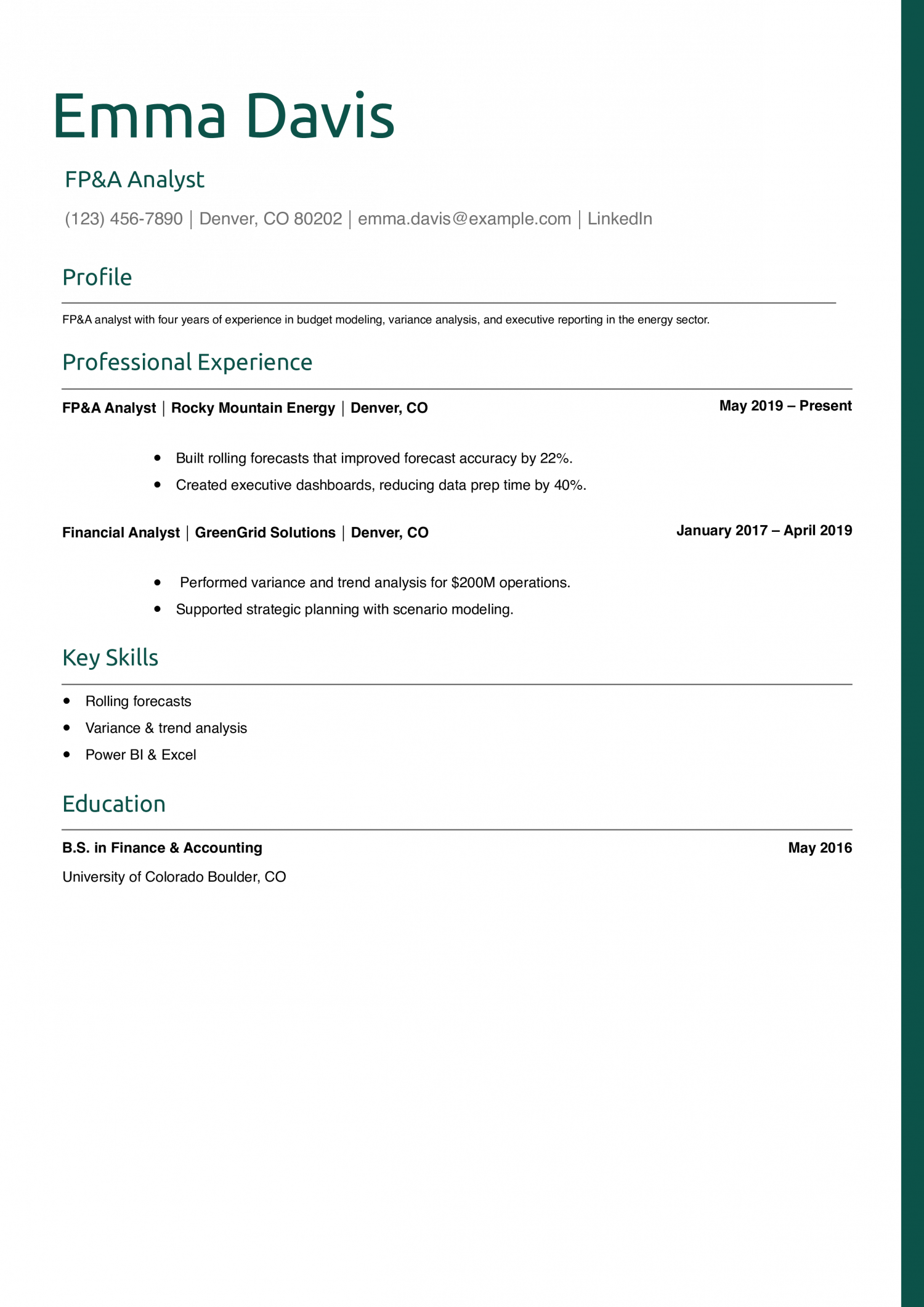 FP&A Analyst Resume Example