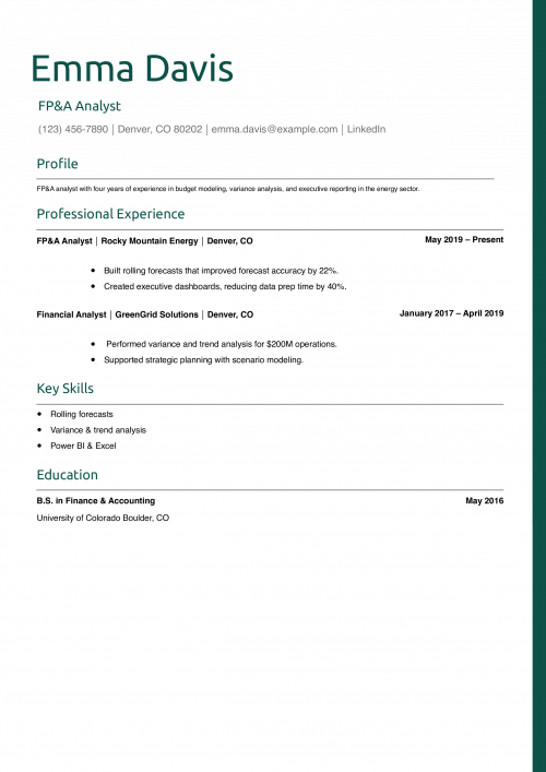 FP&A Analyst Resume Example