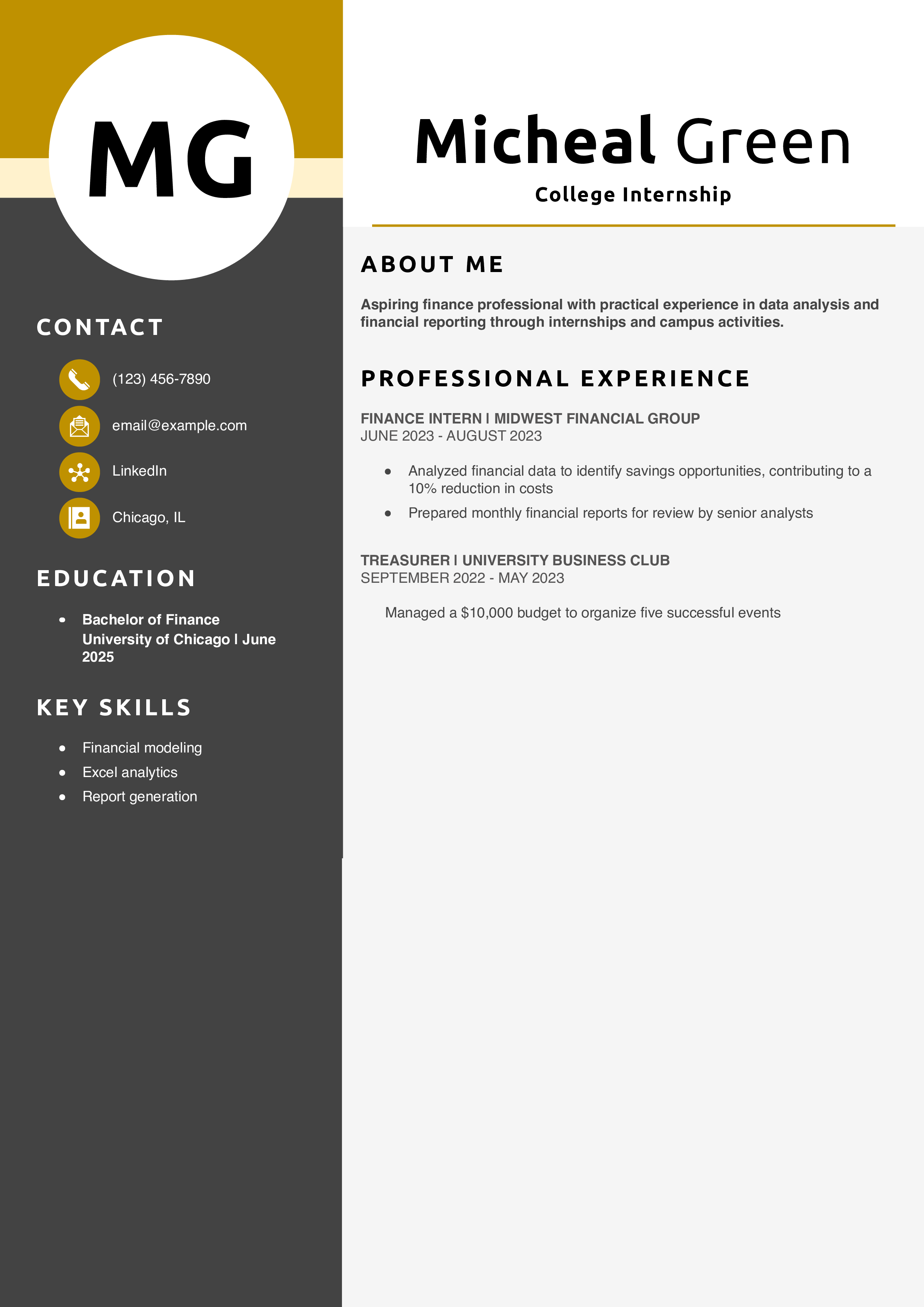 College Internship Resume Example
