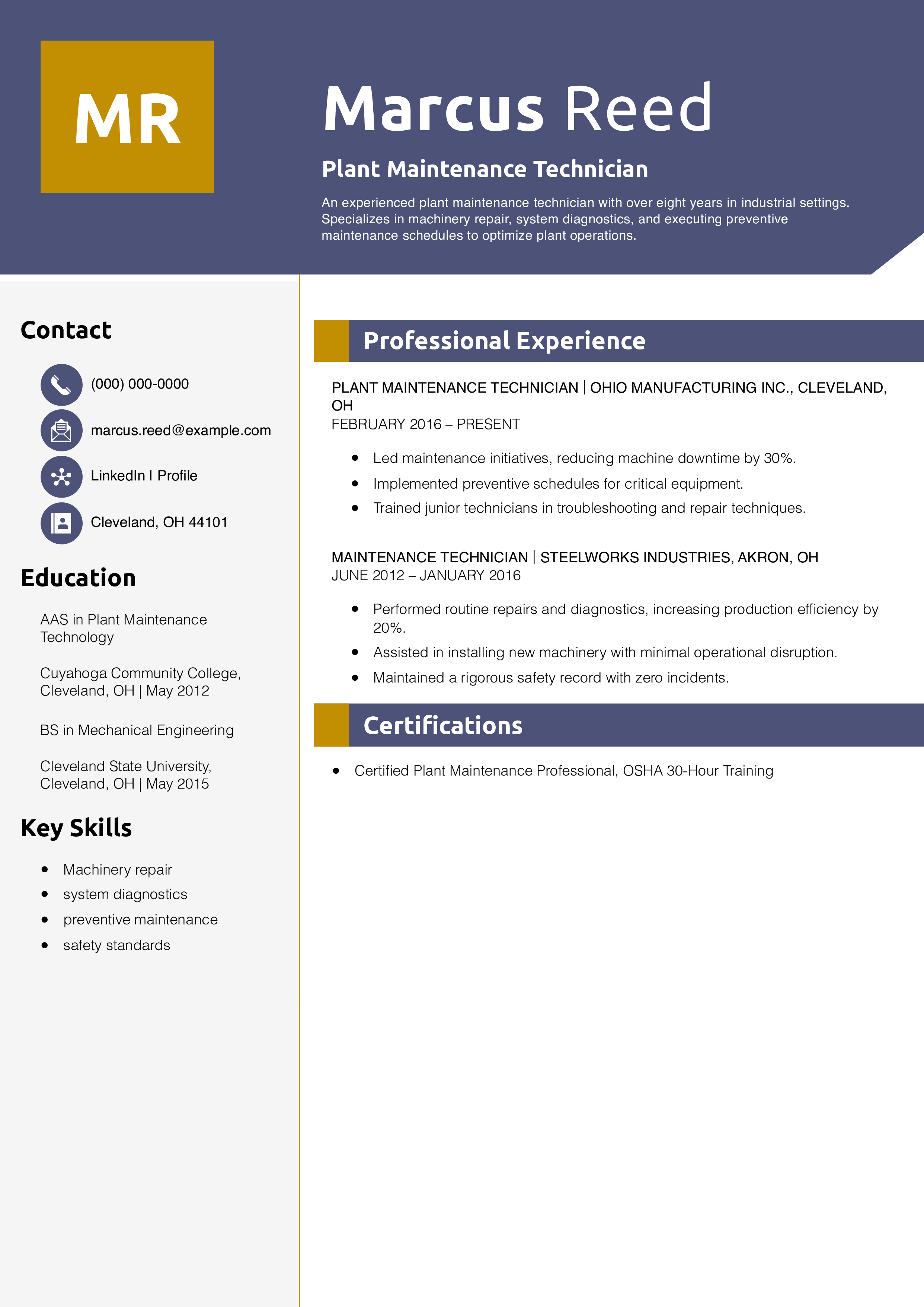 Plant Maintenance Technician Resume Example