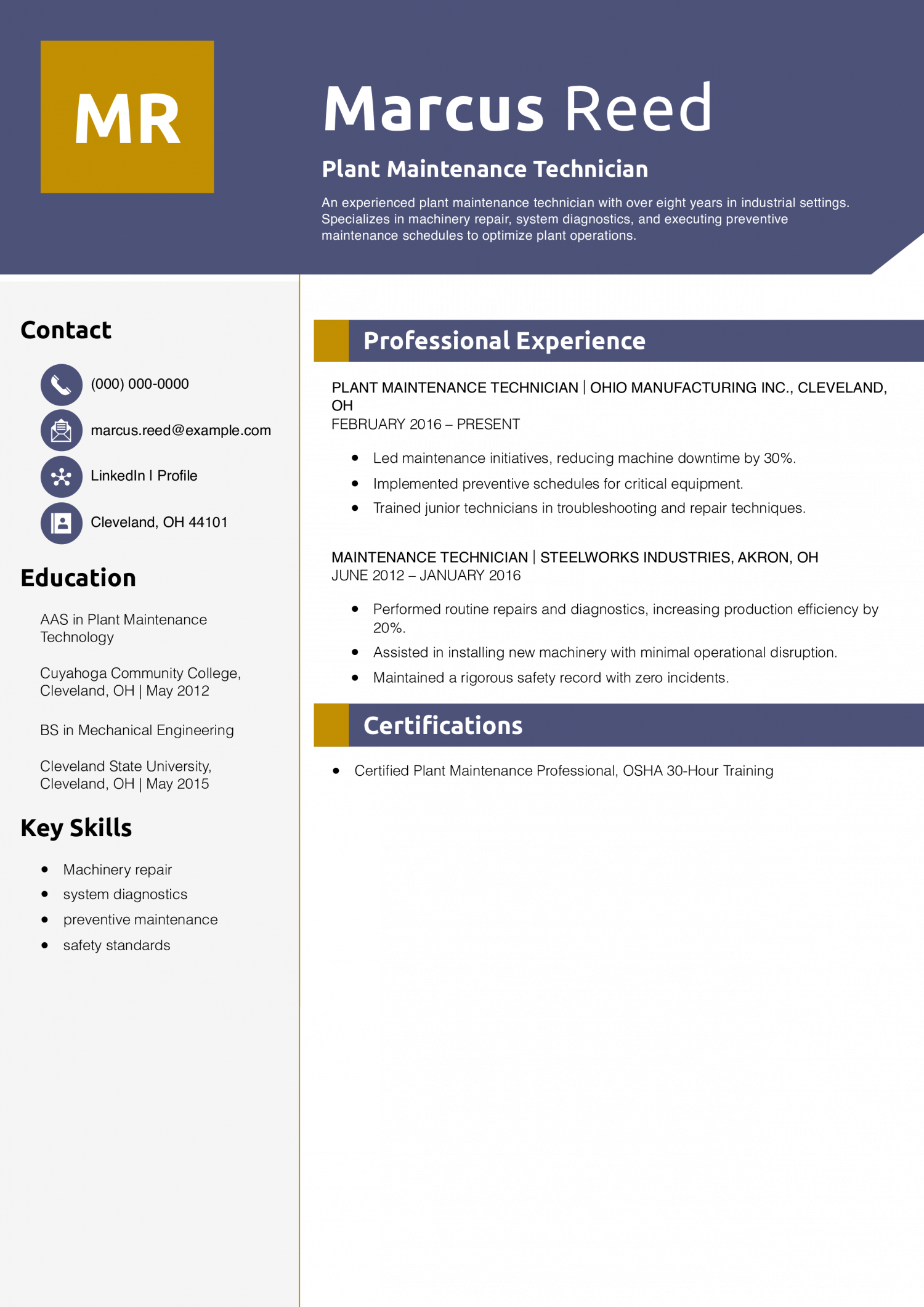 Plant Maintenance Technician Resume Example