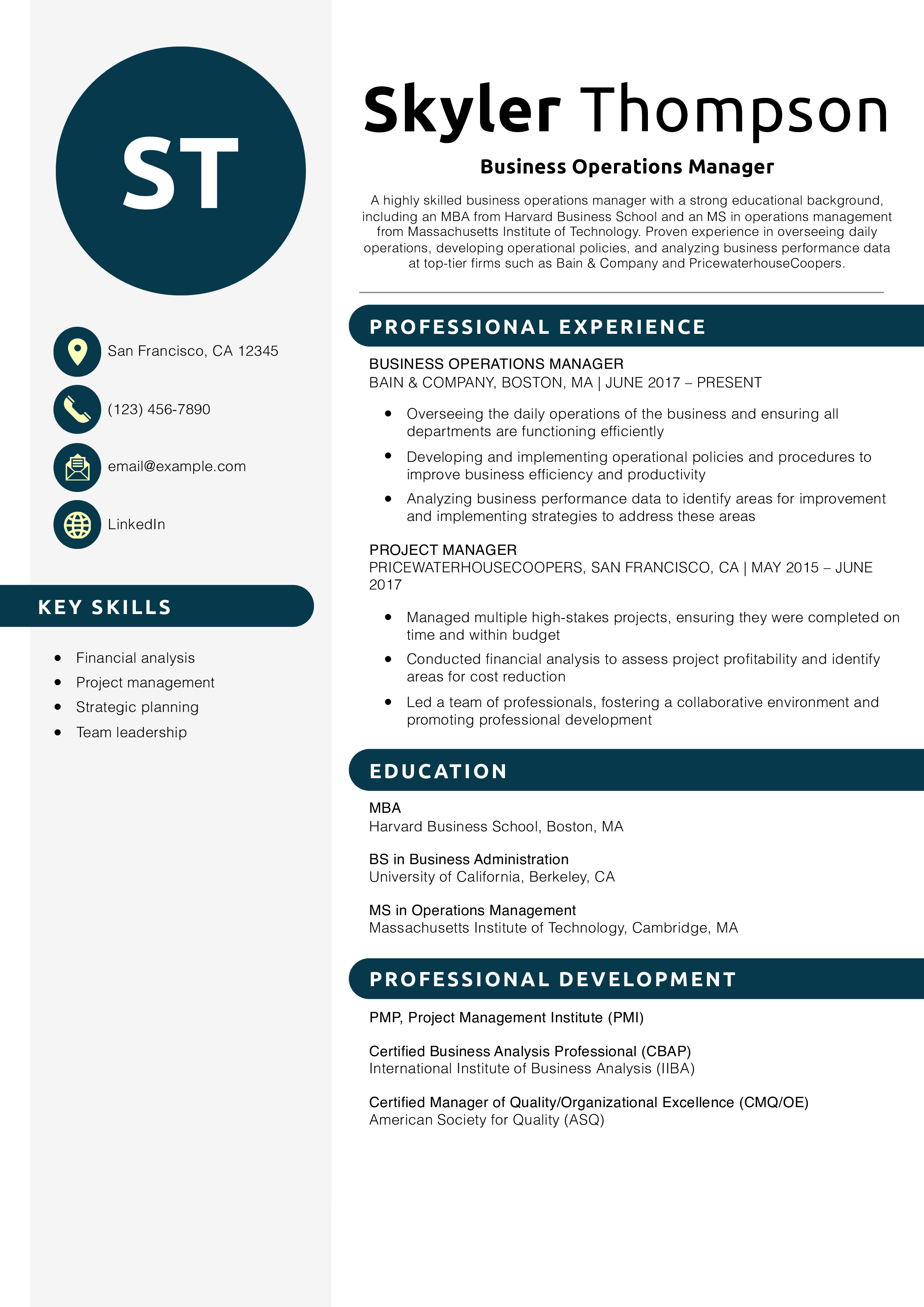 Business Operations Manager Resume Example