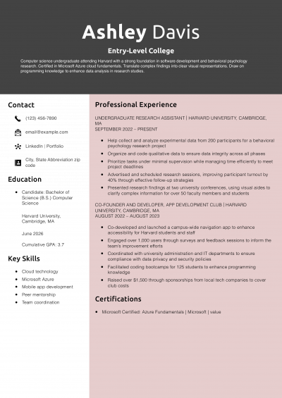 Entry-Level College Resume Example