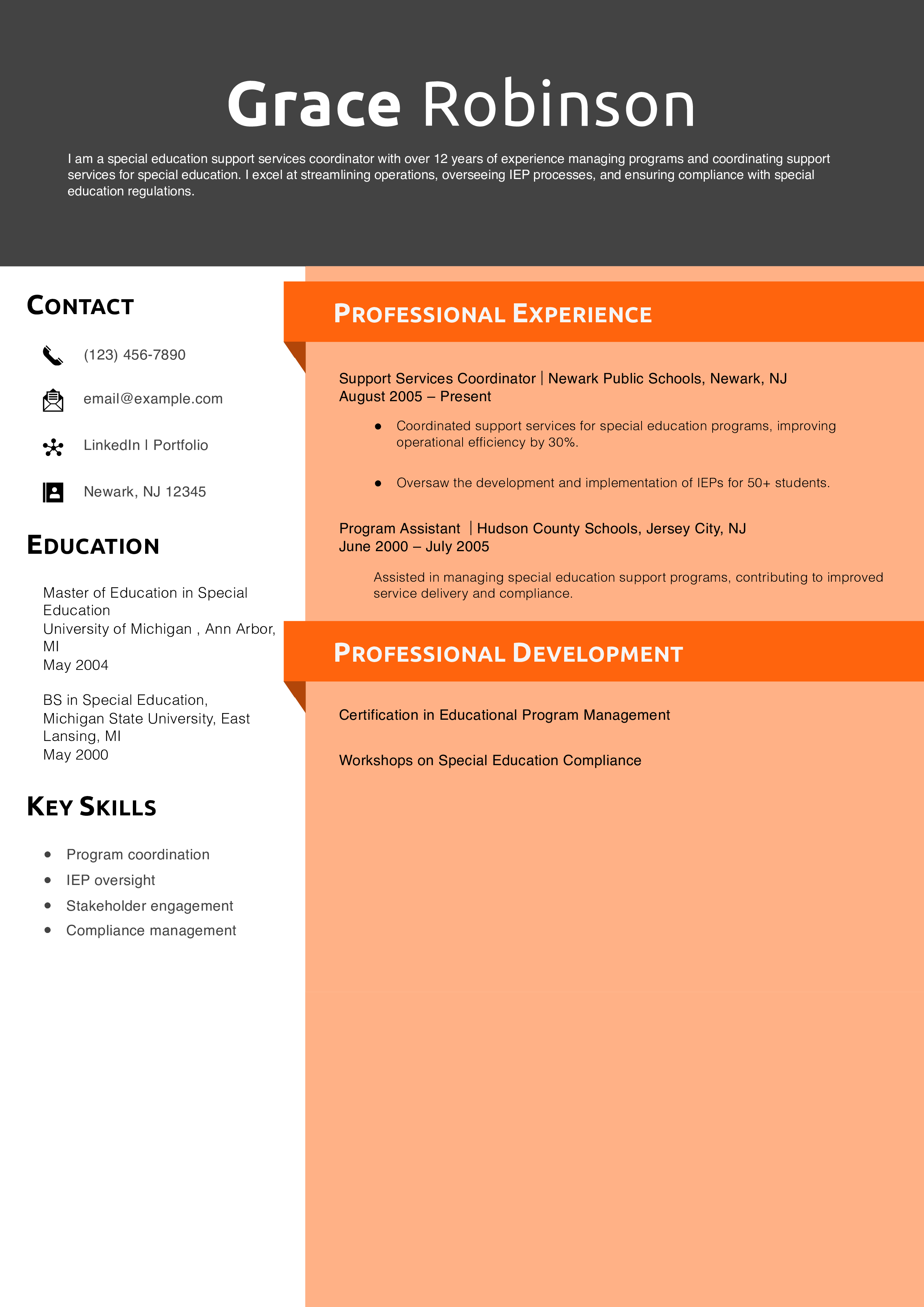 Special Education Support Services Coordinator Resume Example