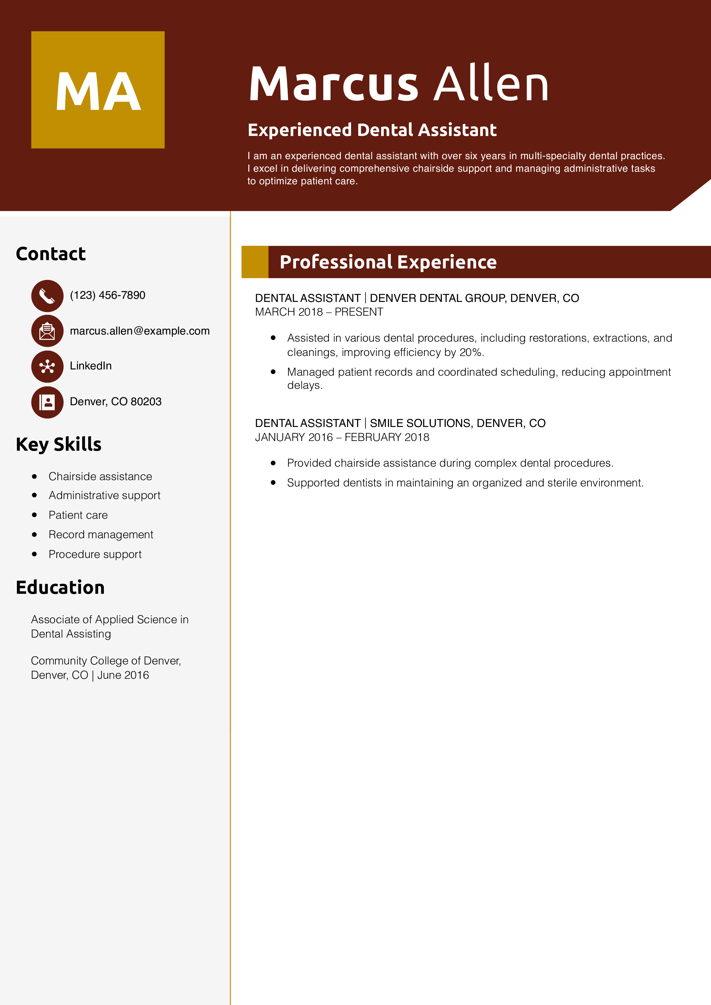 Experienced Dental Assistant Resume Example