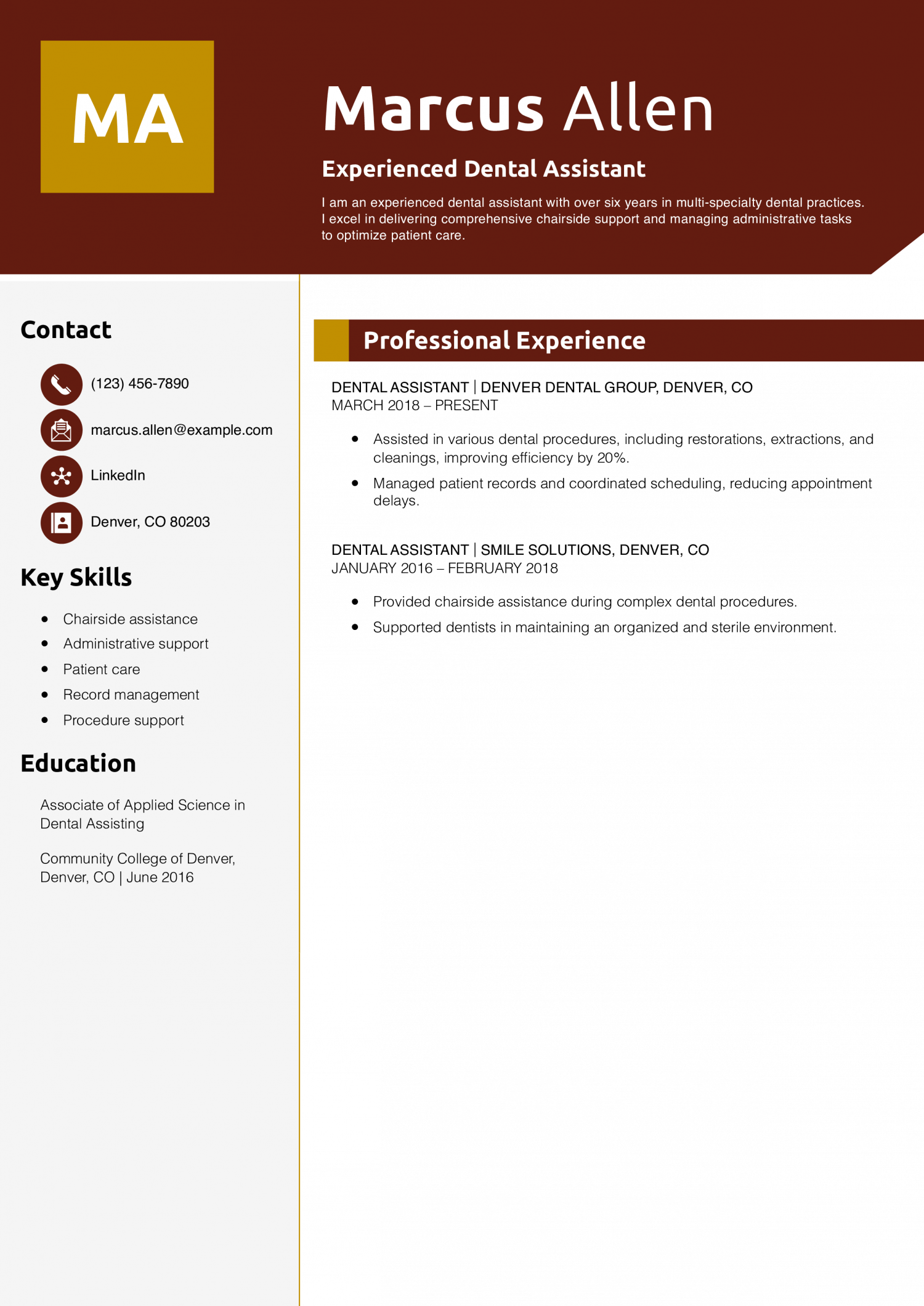 Experienced Dental Assistant Resume Example
