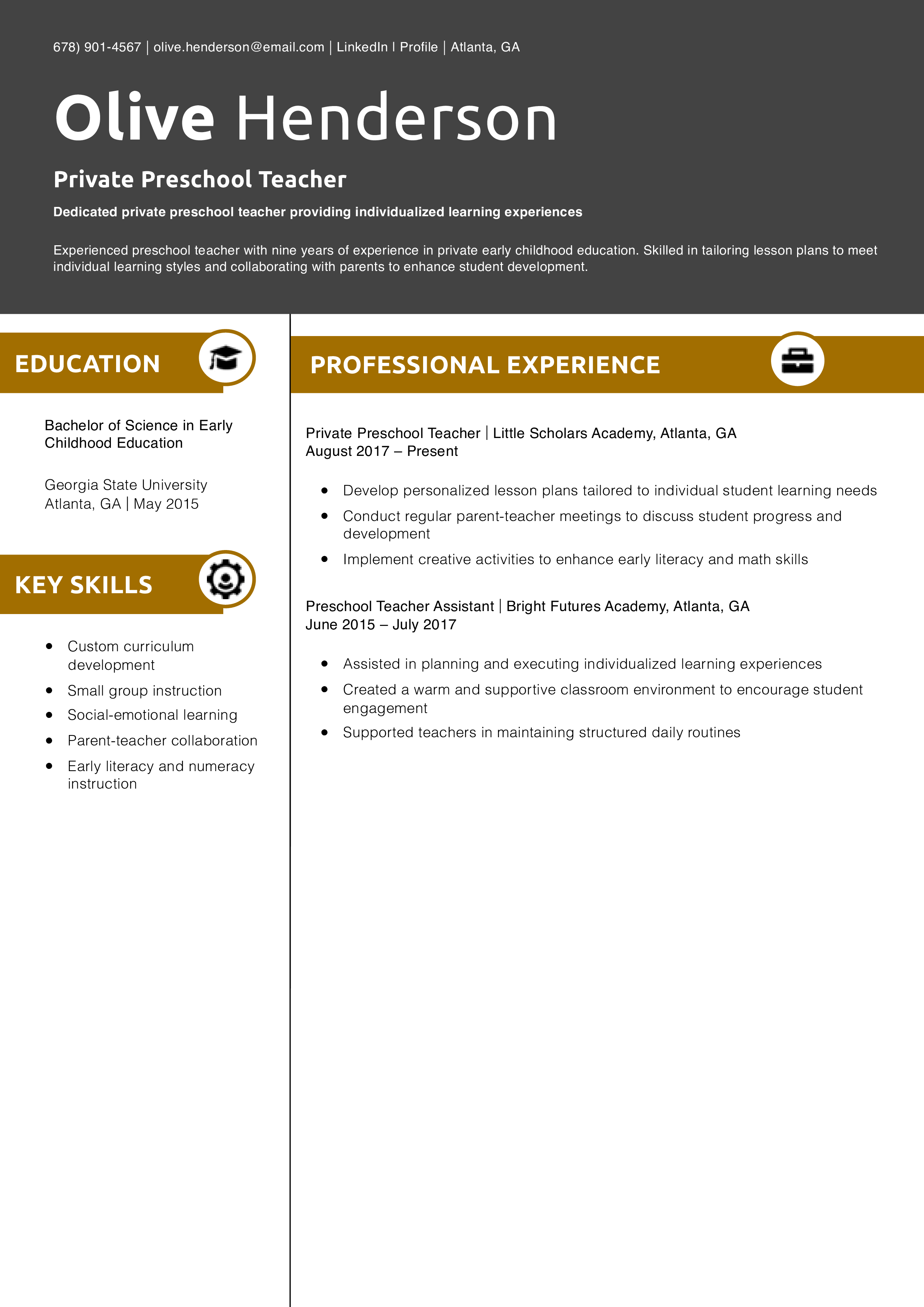 Private Preschool Teacher Resume
