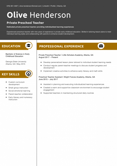 Private Preschool Teacher Resume