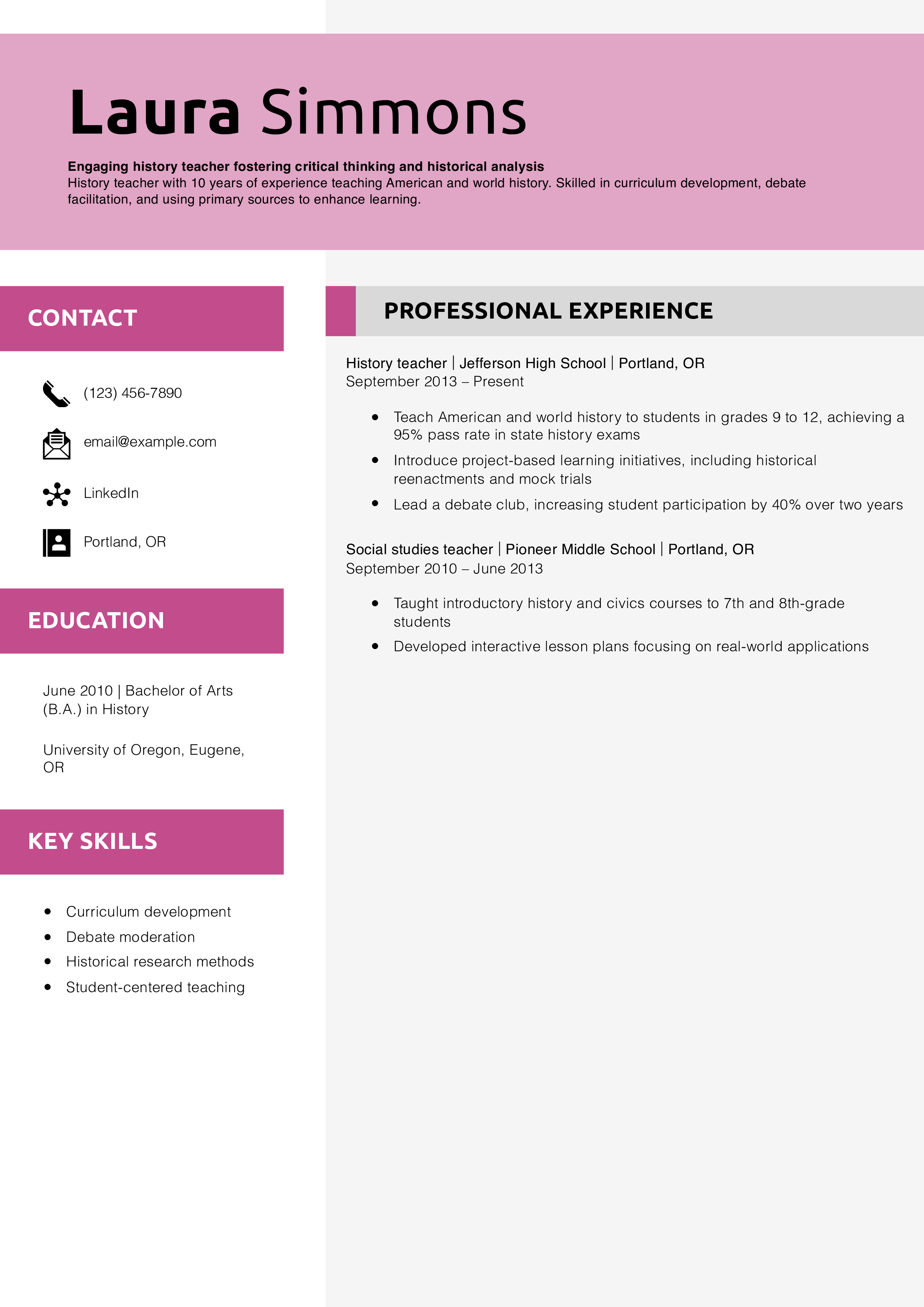 History teacher resume example
