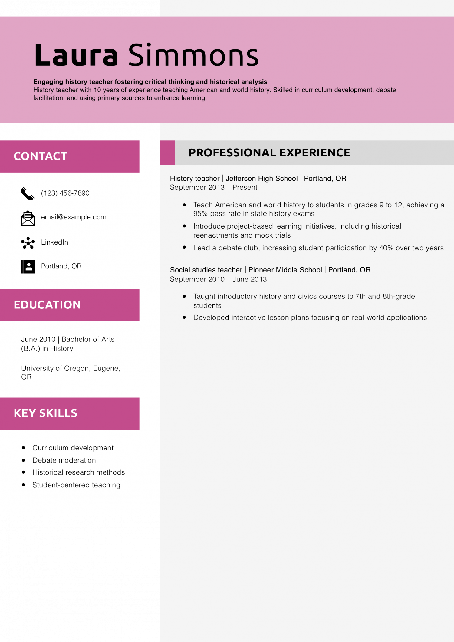 History teacher resume example
