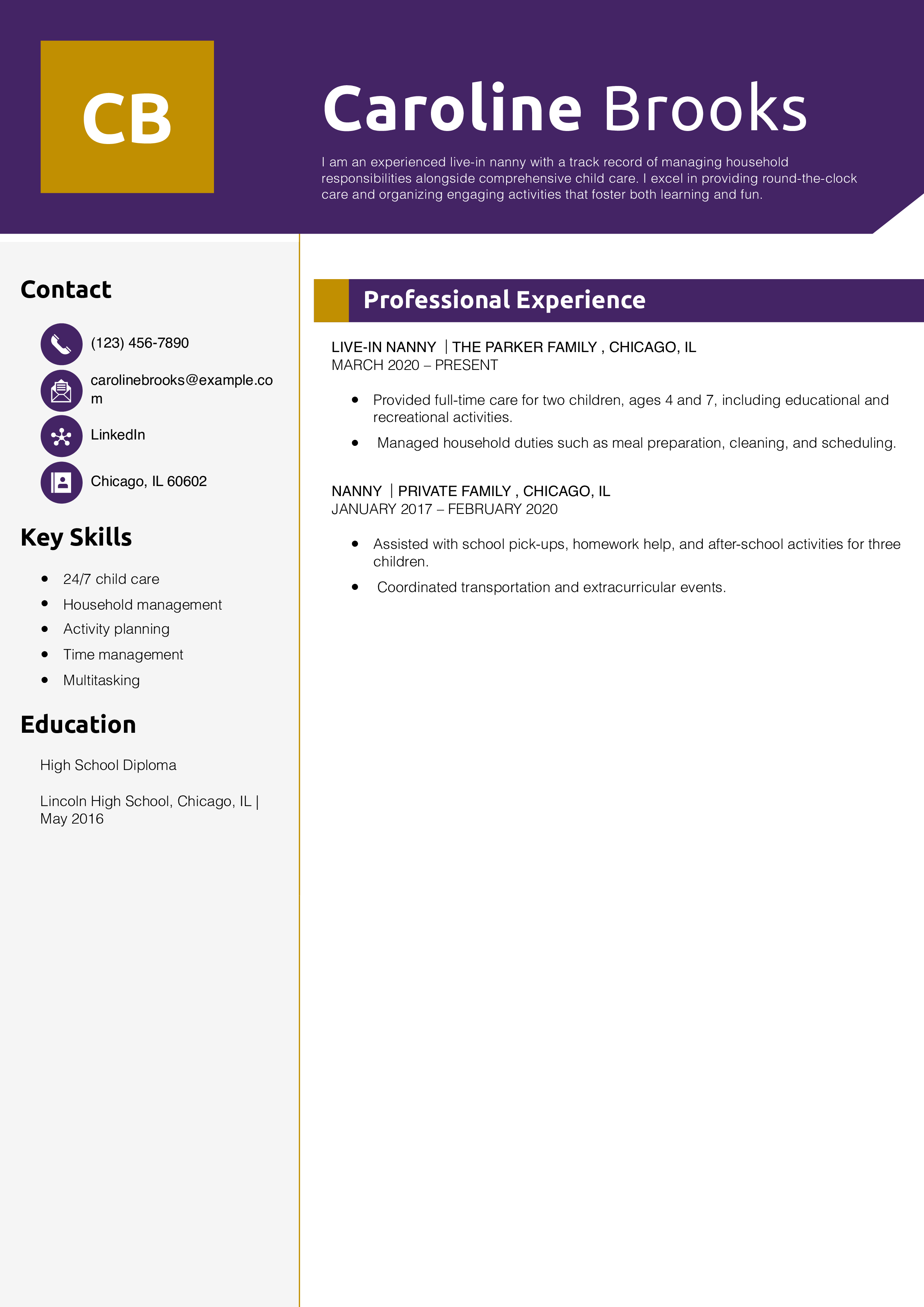Live-In Nanny Resume Example