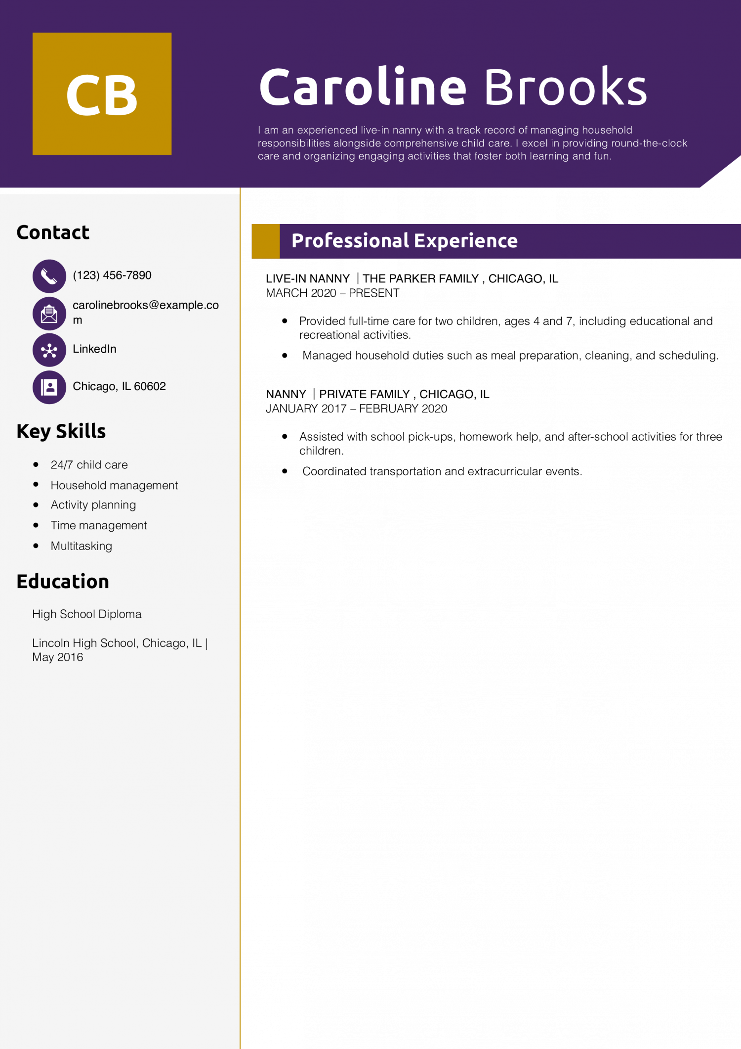 Live-In Nanny Resume Example
