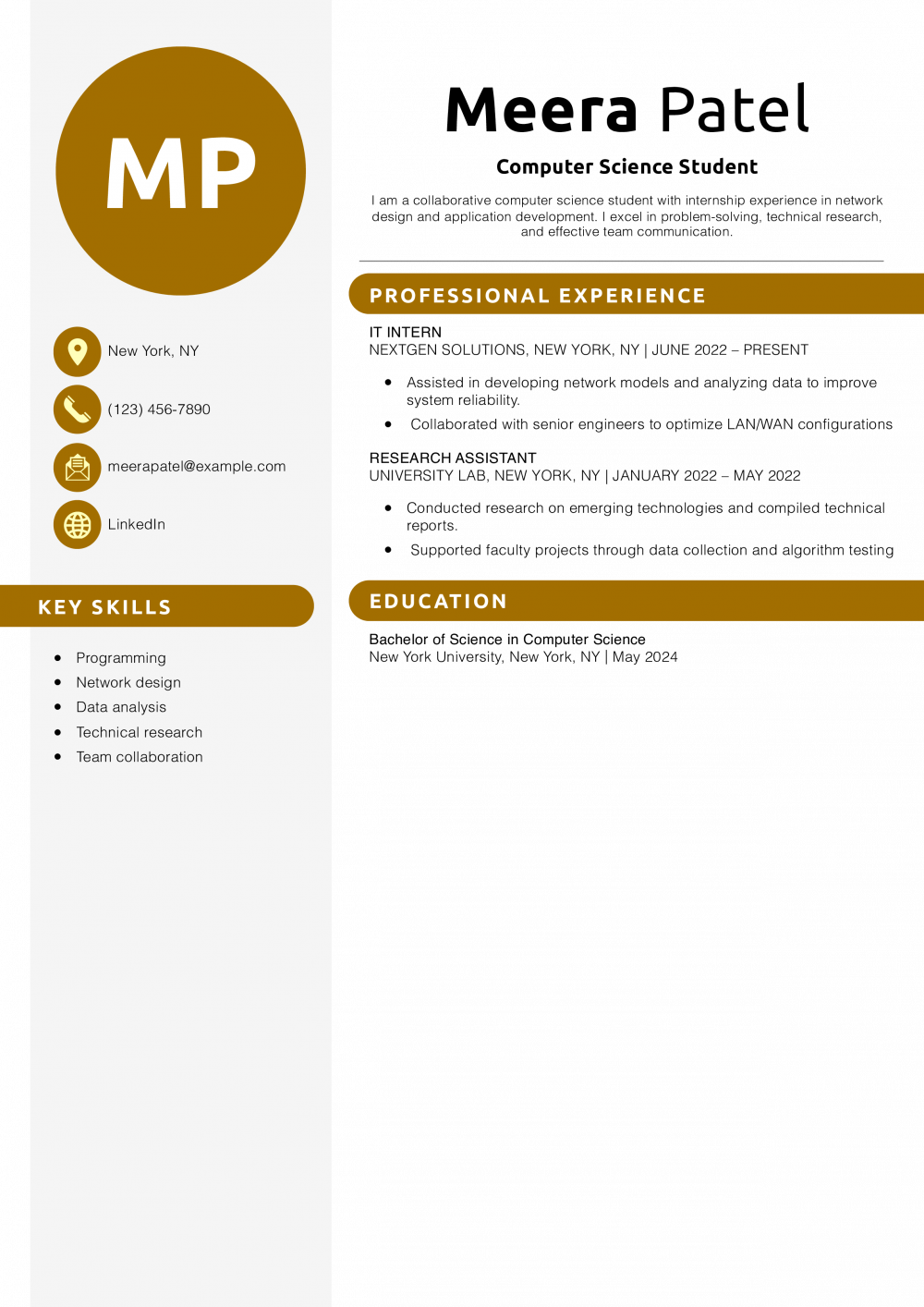 Computer Science Student Resume Example