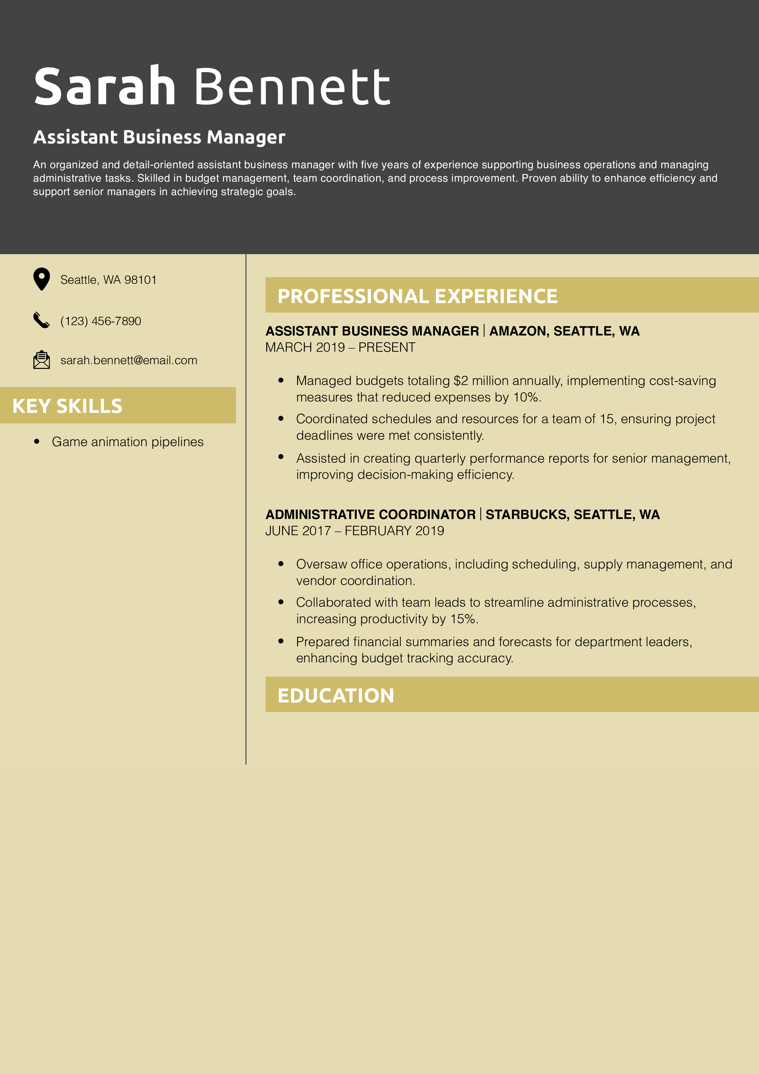 Assistant Business Manager Resume Example