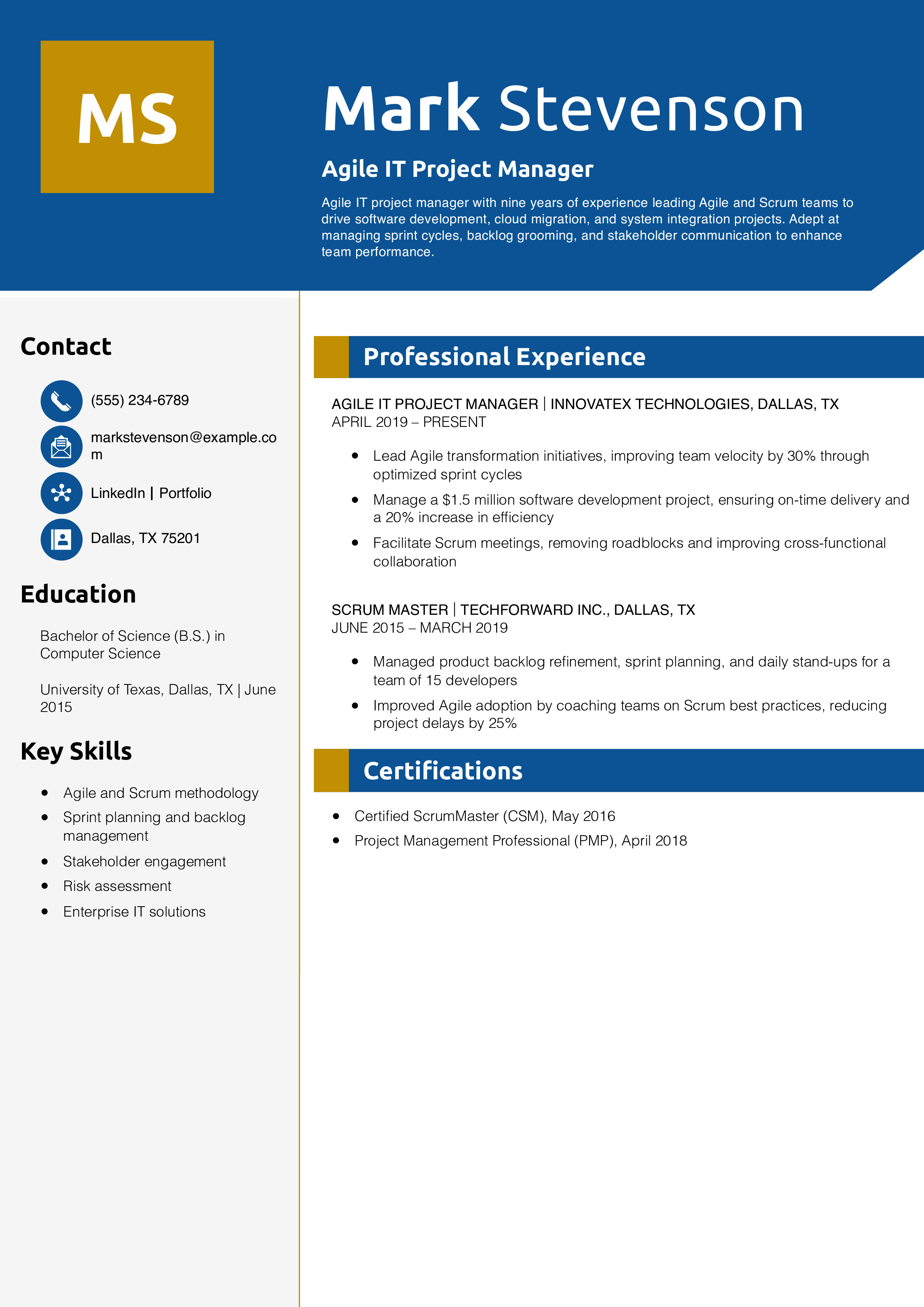 Agile IT Project Manager Resume Example