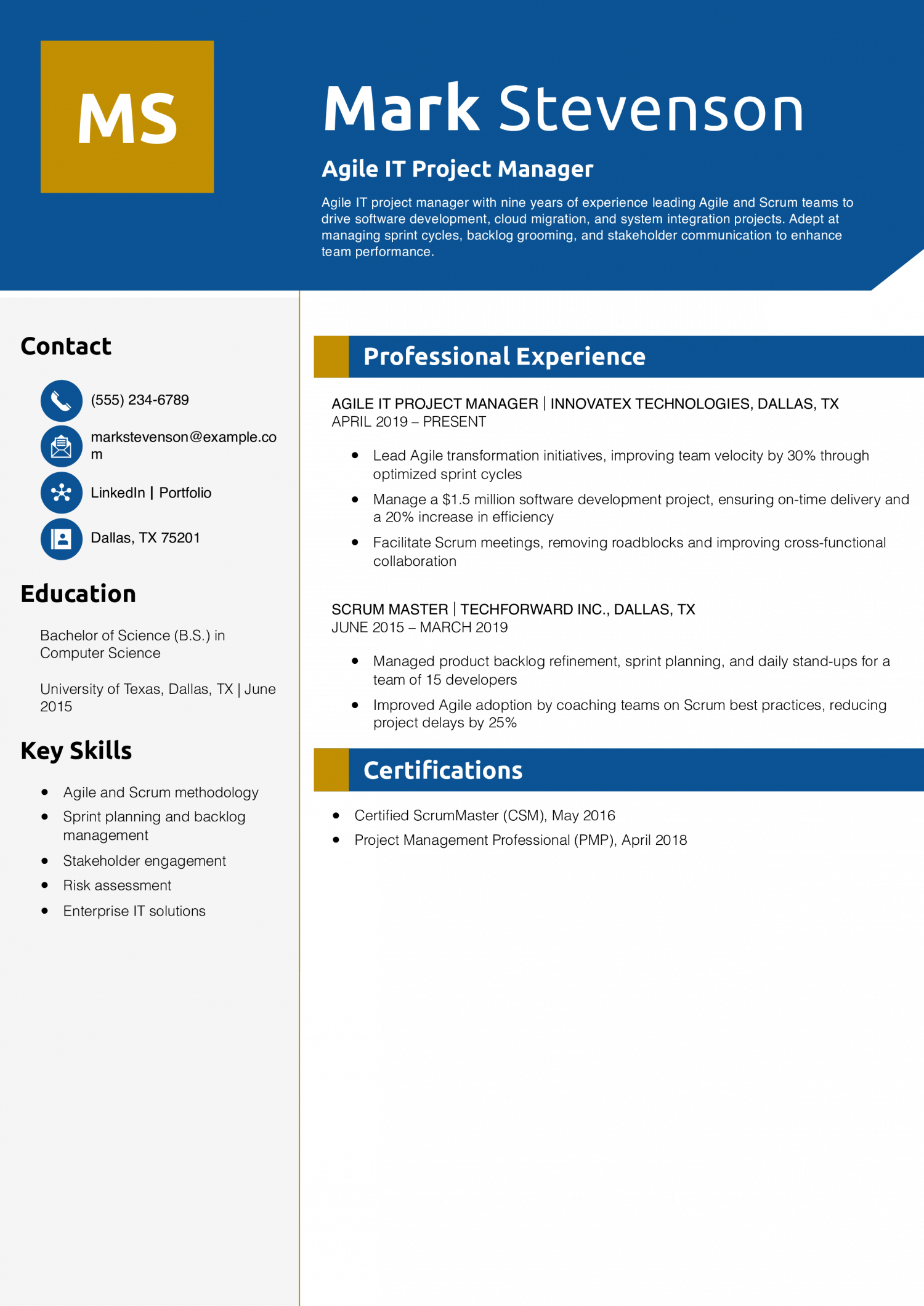 Agile IT Project Manager Resume Example