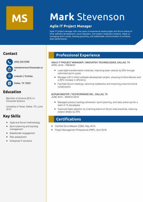 Agile IT Project Manager Resume Example