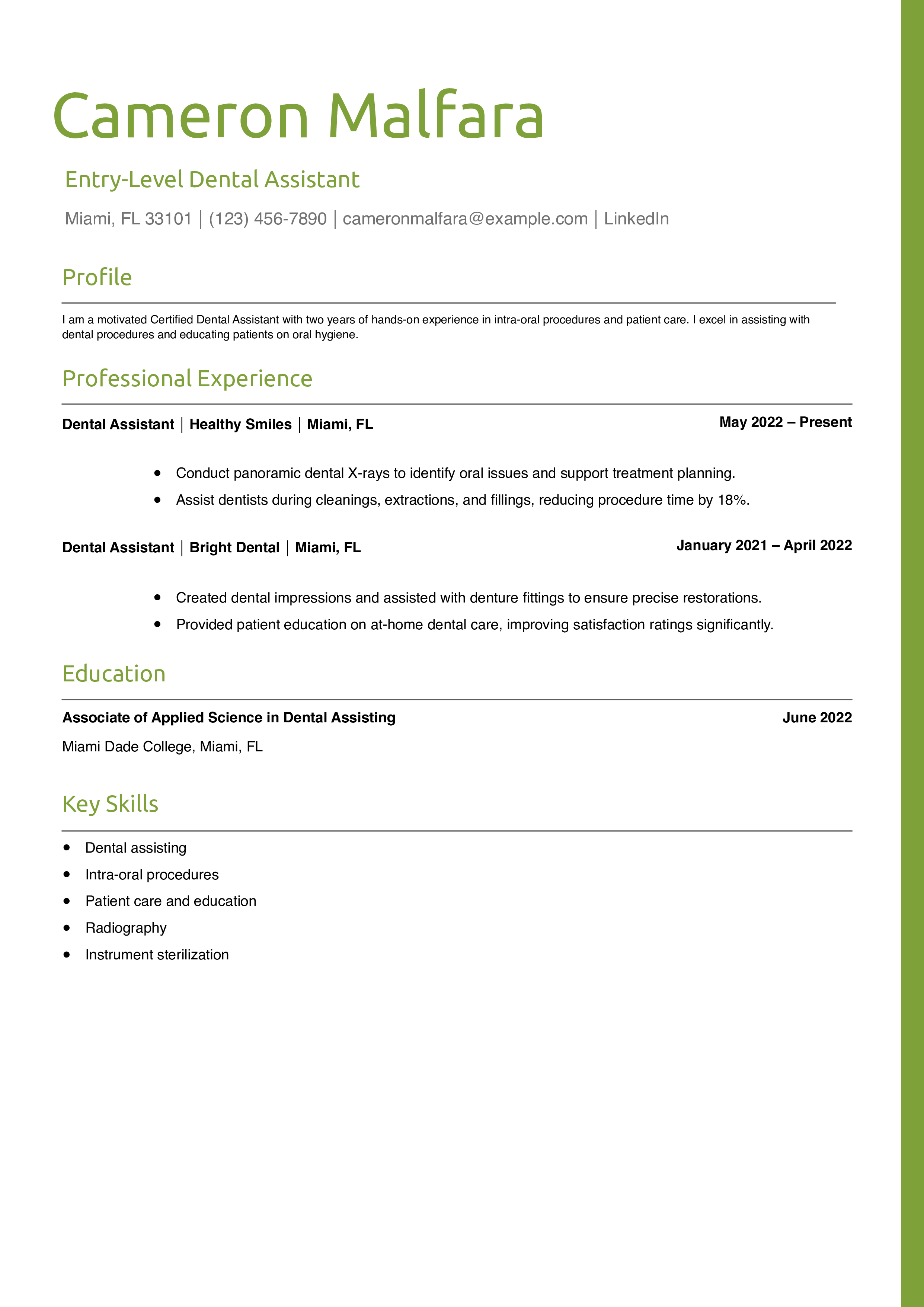 Entry-Level Dental Assistant Resume Example