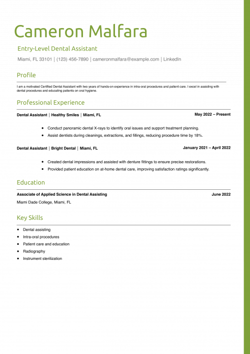 Entry-Level Dental Assistant Resume Example