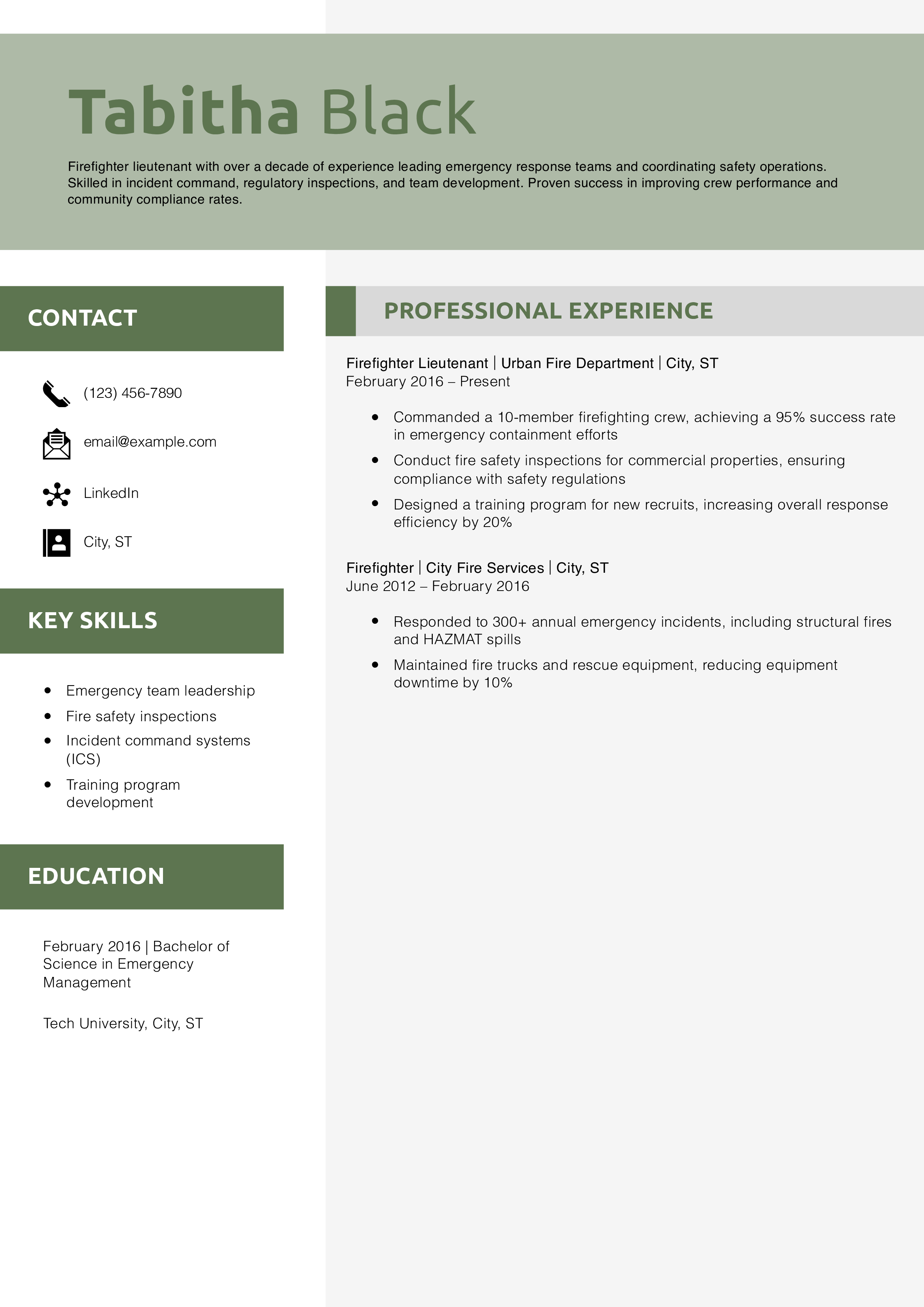 Firefighter Lieutenant Resume