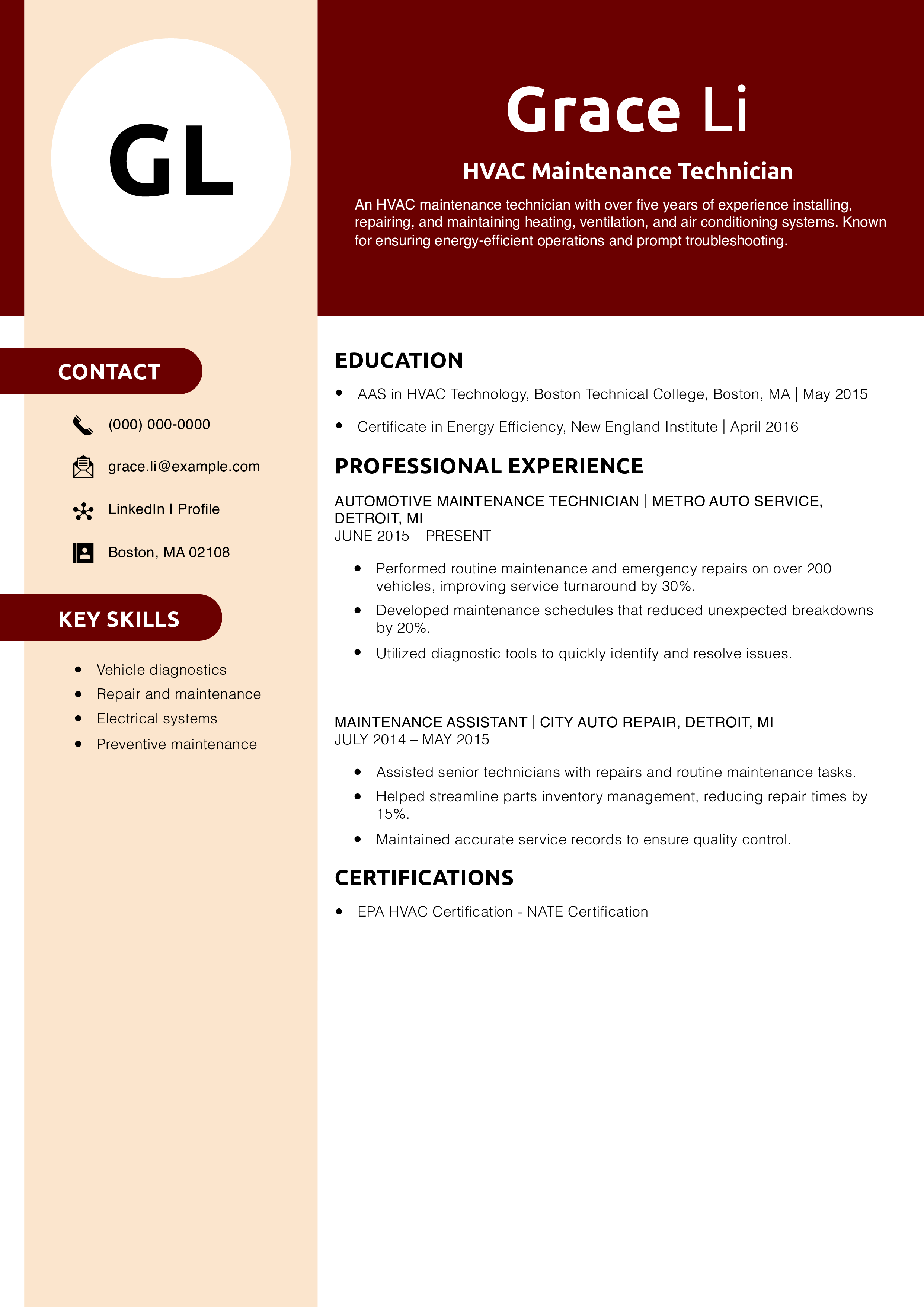 HVAC Maintenance Technician Resume Example