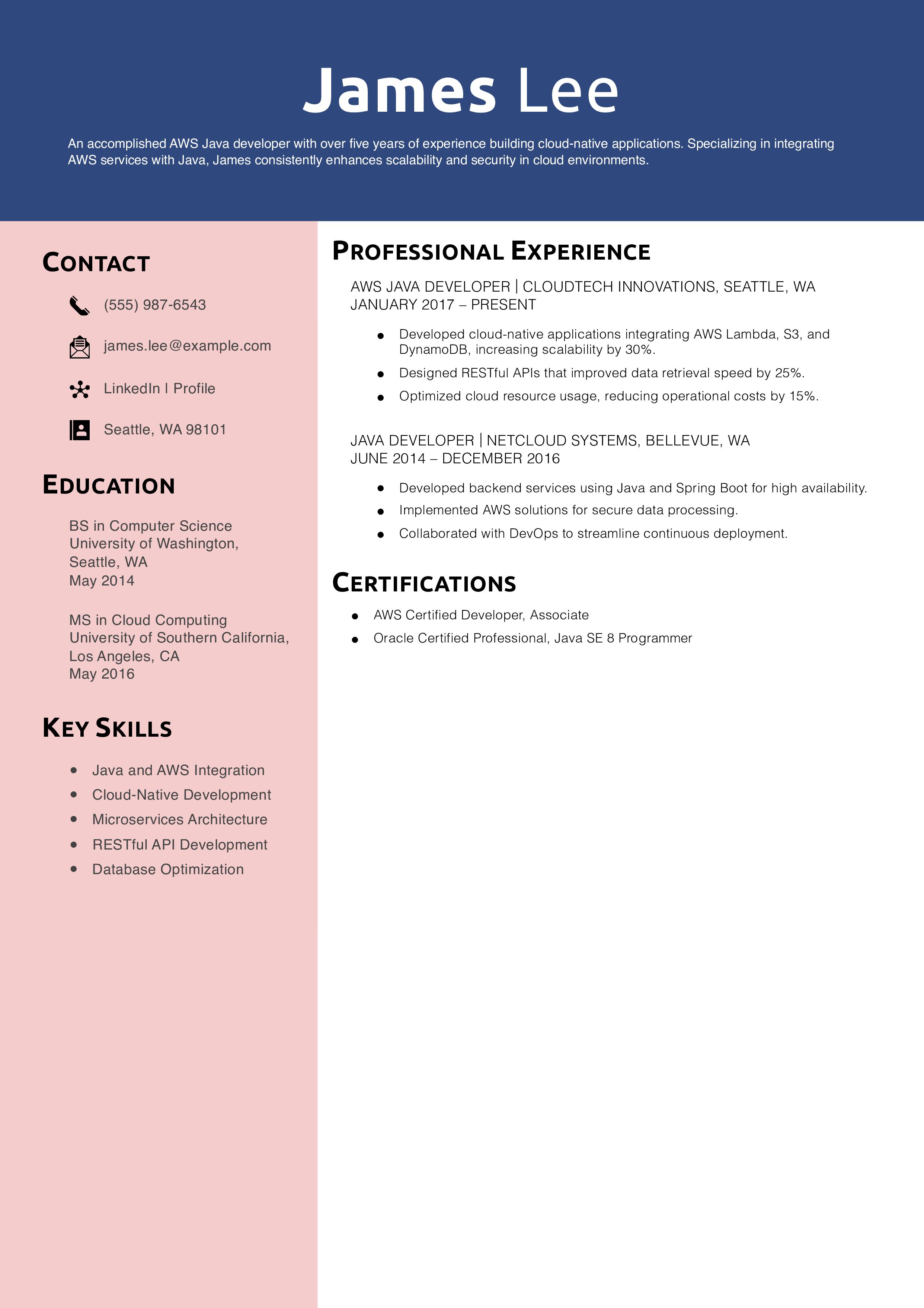 AWS Java Developer Resume Example