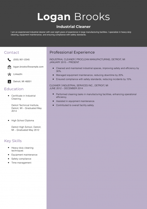 Industrial Cleaner Resume Example