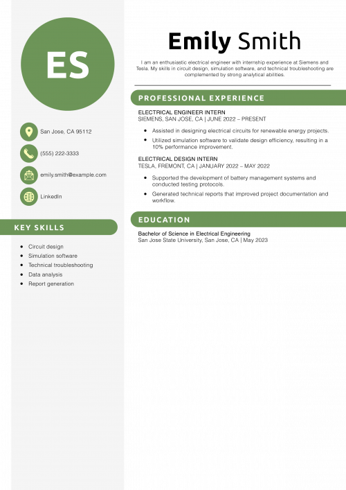 Entry-Level Electrical Engineer Resume Example