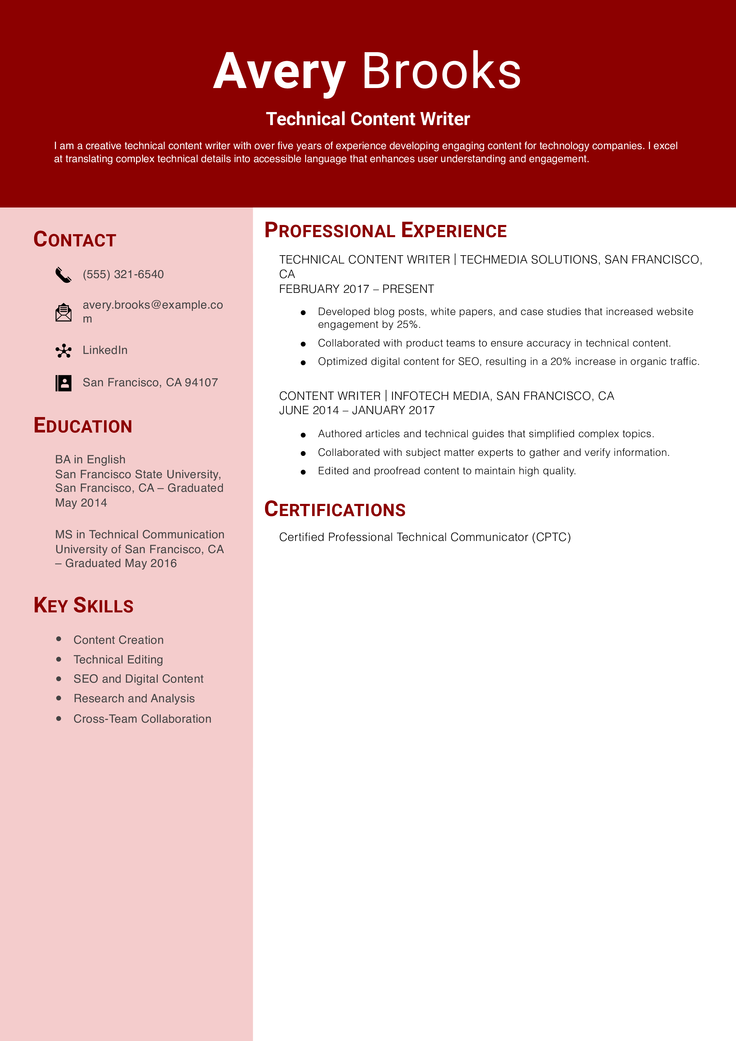 Technical Content Writer Resume Example