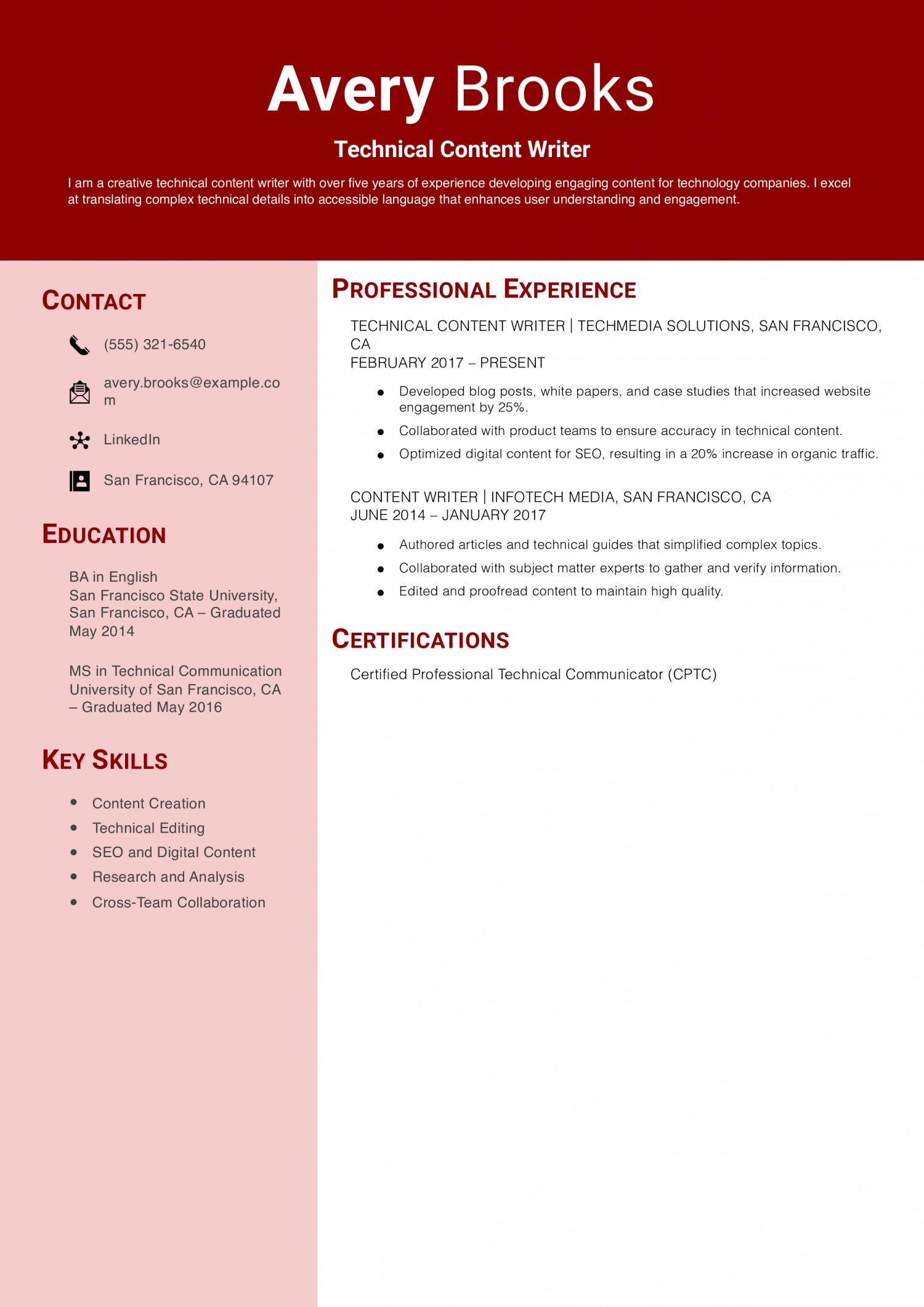Technical Content Writer Resume Example