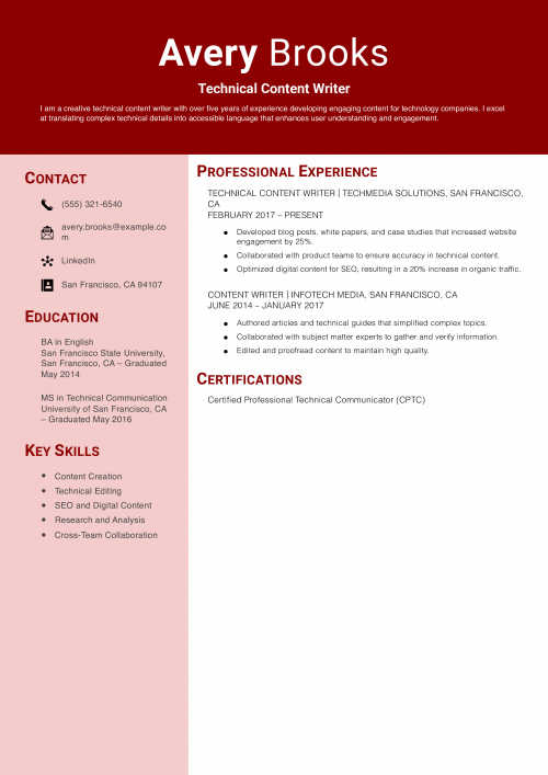 Technical Content Writer Resume Example
