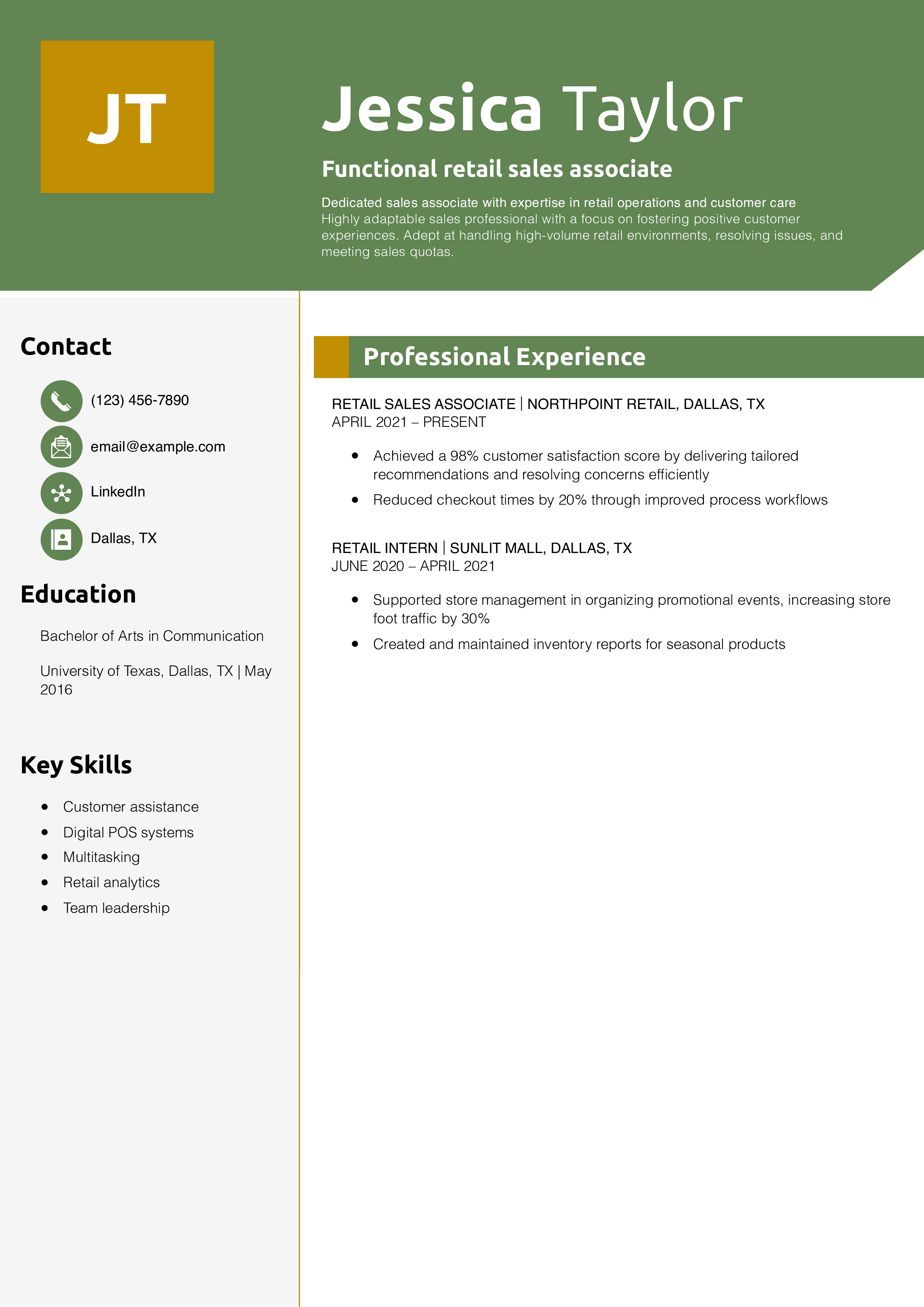 Functional retail sales associate resume