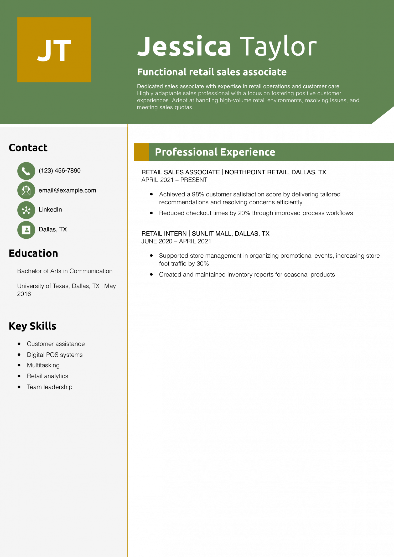 Functional retail sales associate resume