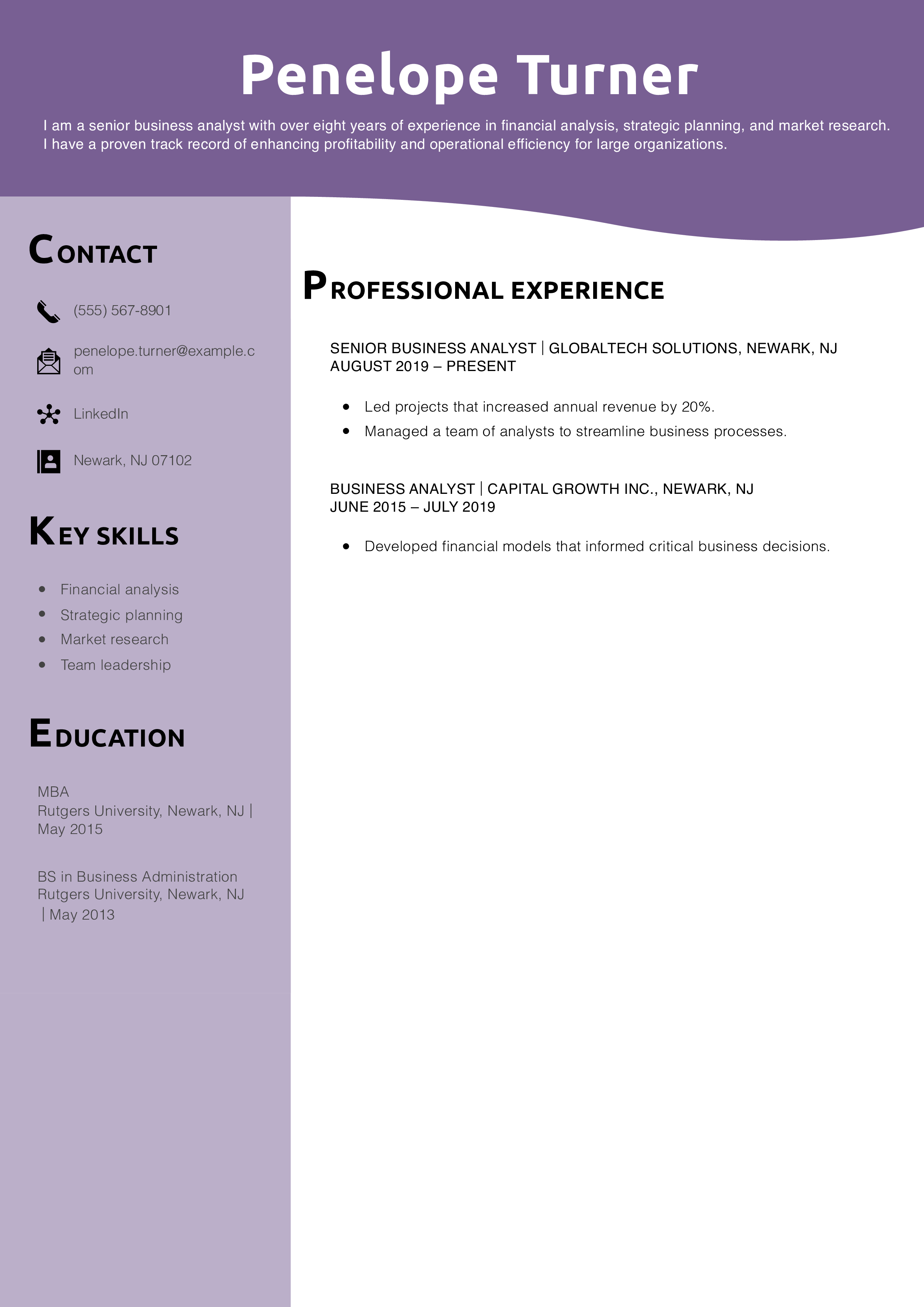 Senior Lead Business Analyst Resume Example