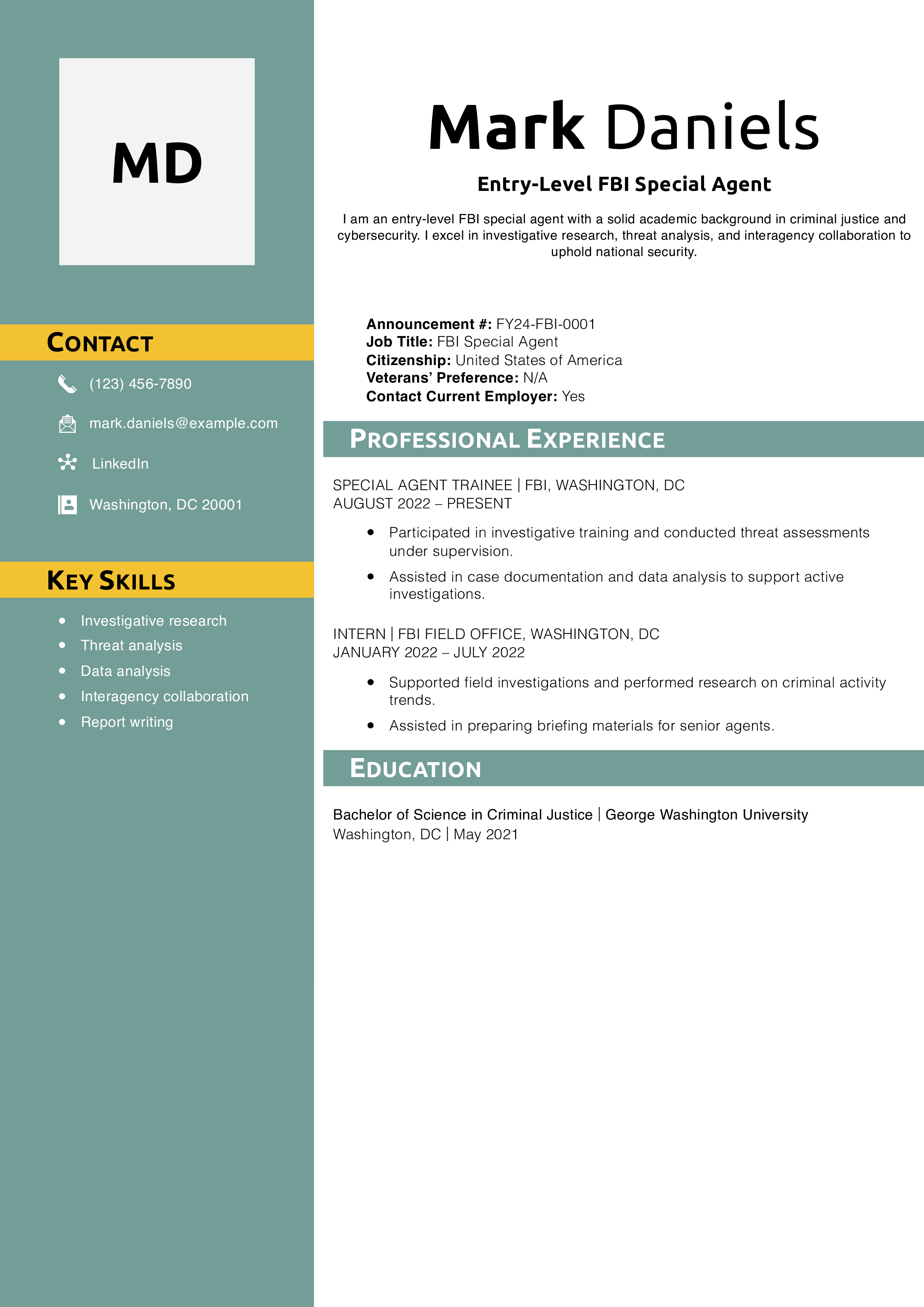 Entry-Level FBI Special Agent Resume Example