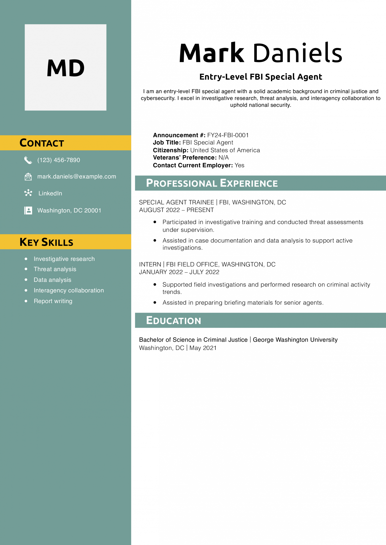 Entry-Level FBI Special Agent Resume Example