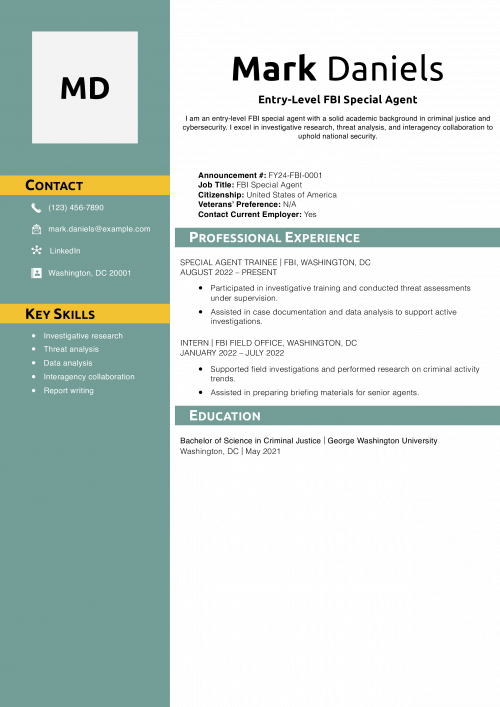 Entry-Level FBI Special Agent Resume Example