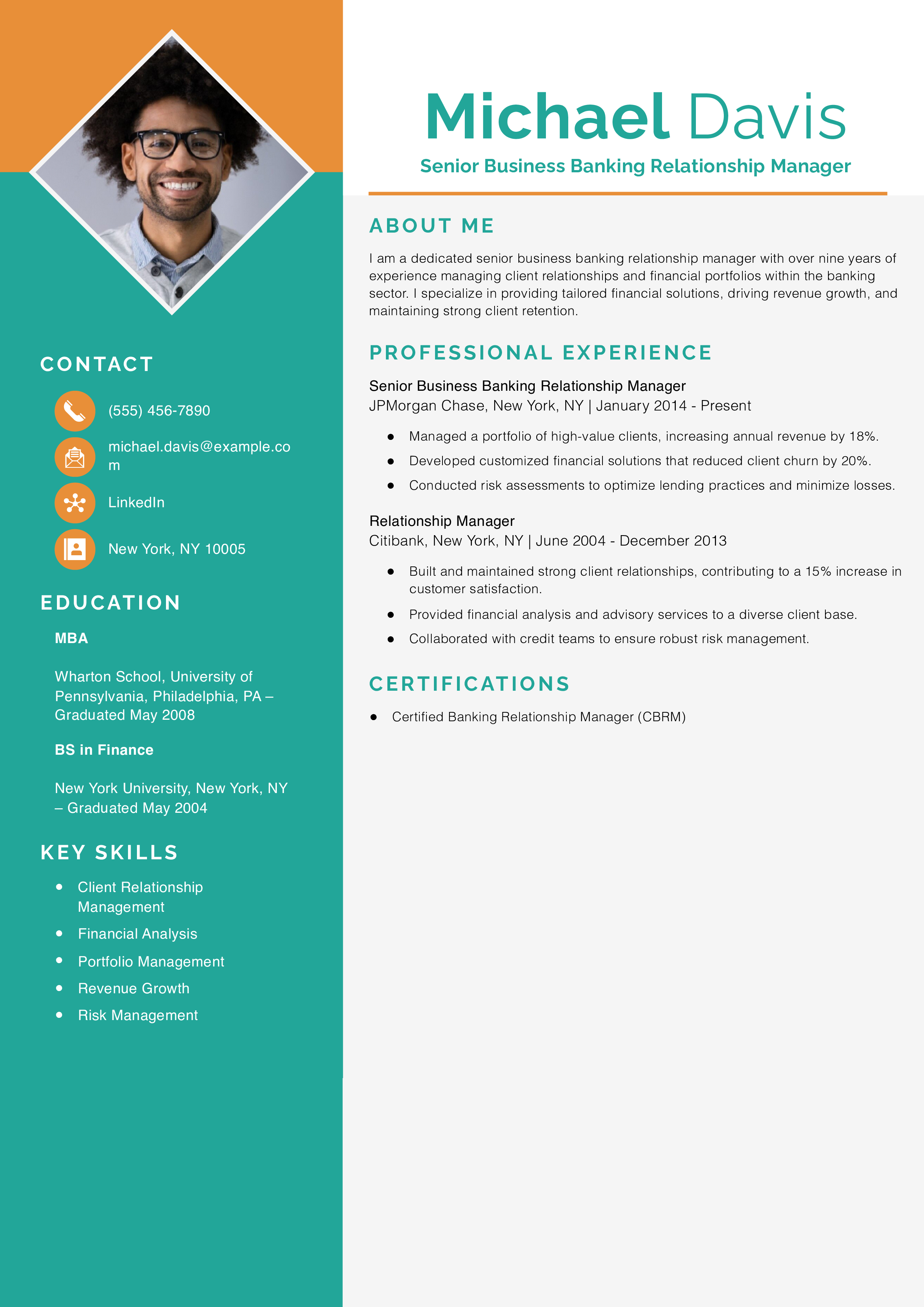 Senior Business Banking Relationship Manager Resume Example