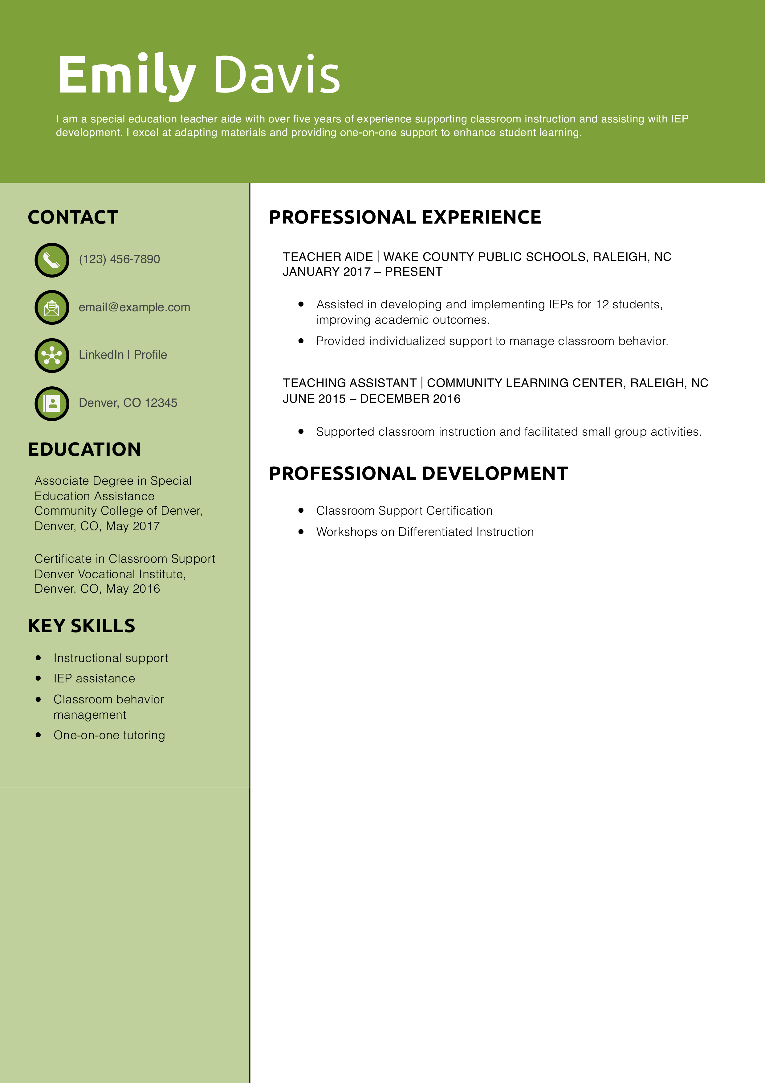Special Education Teacher Aide Resume Example