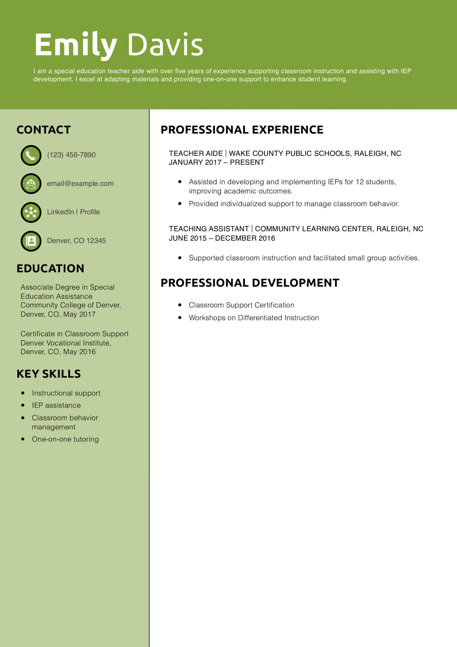 Special Education Teacher Aide Resume Example