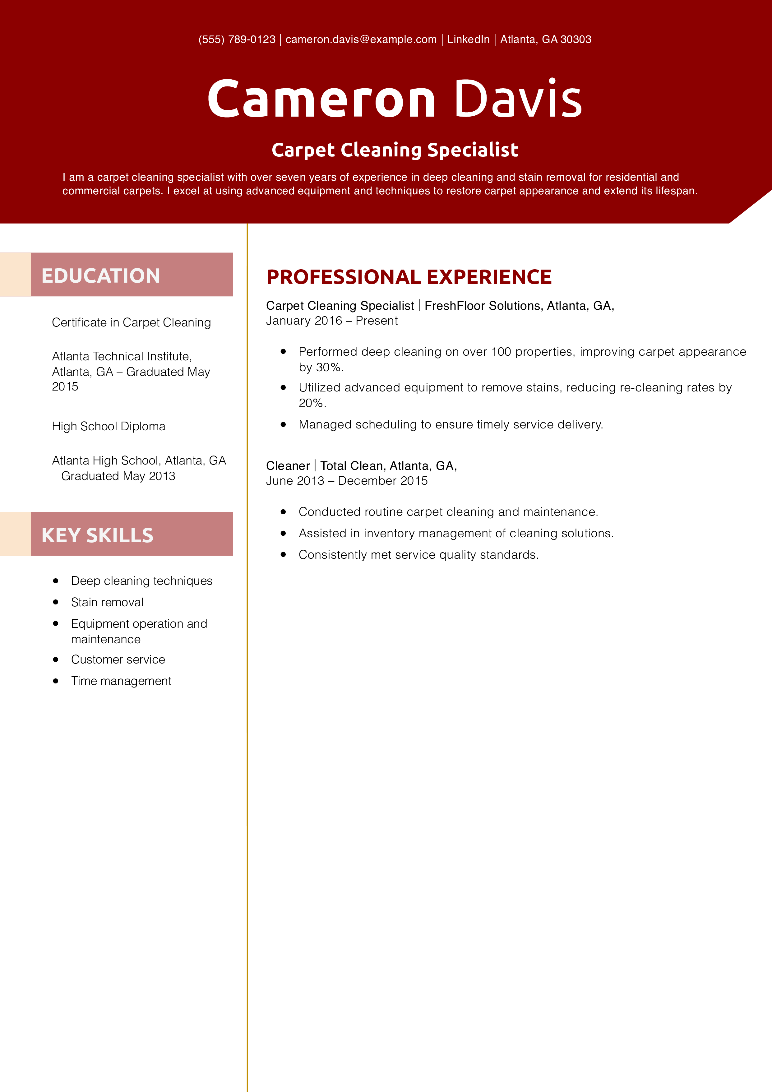 Carpet Cleaning Specialist Resume Example