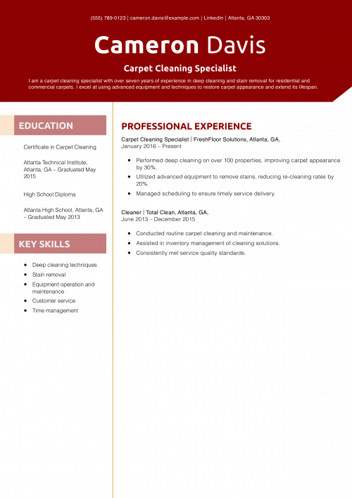 Carpet Cleaning Specialist Resume Example