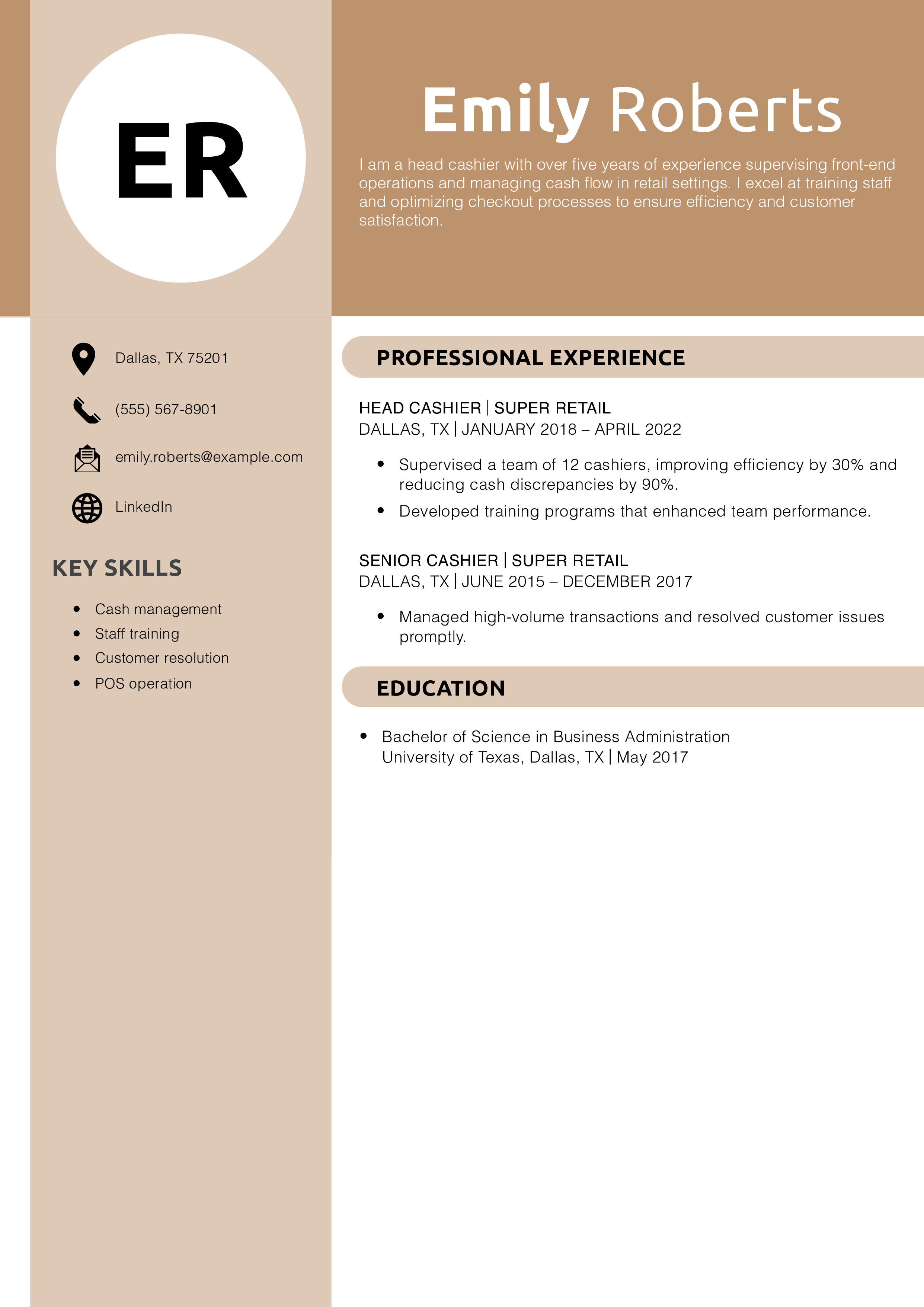 Head Cashier Resume Example