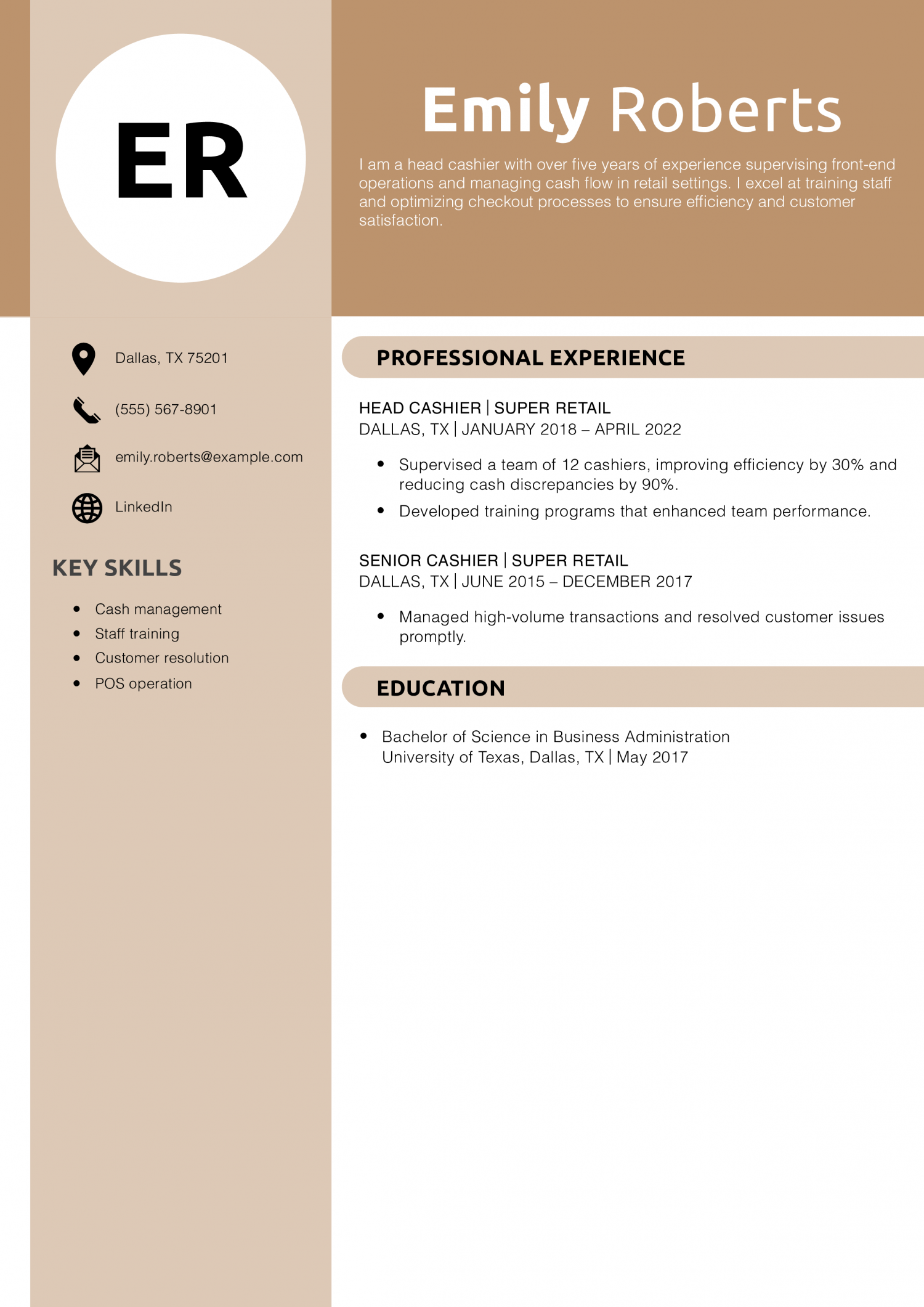 Head Cashier Resume Example