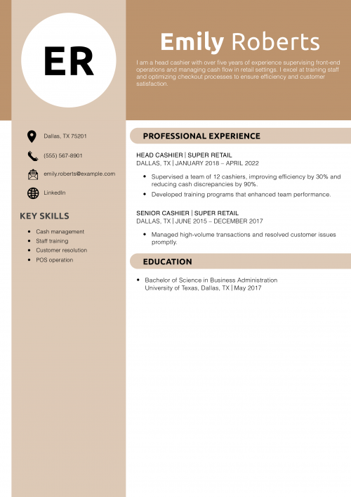 Head Cashier Resume Example