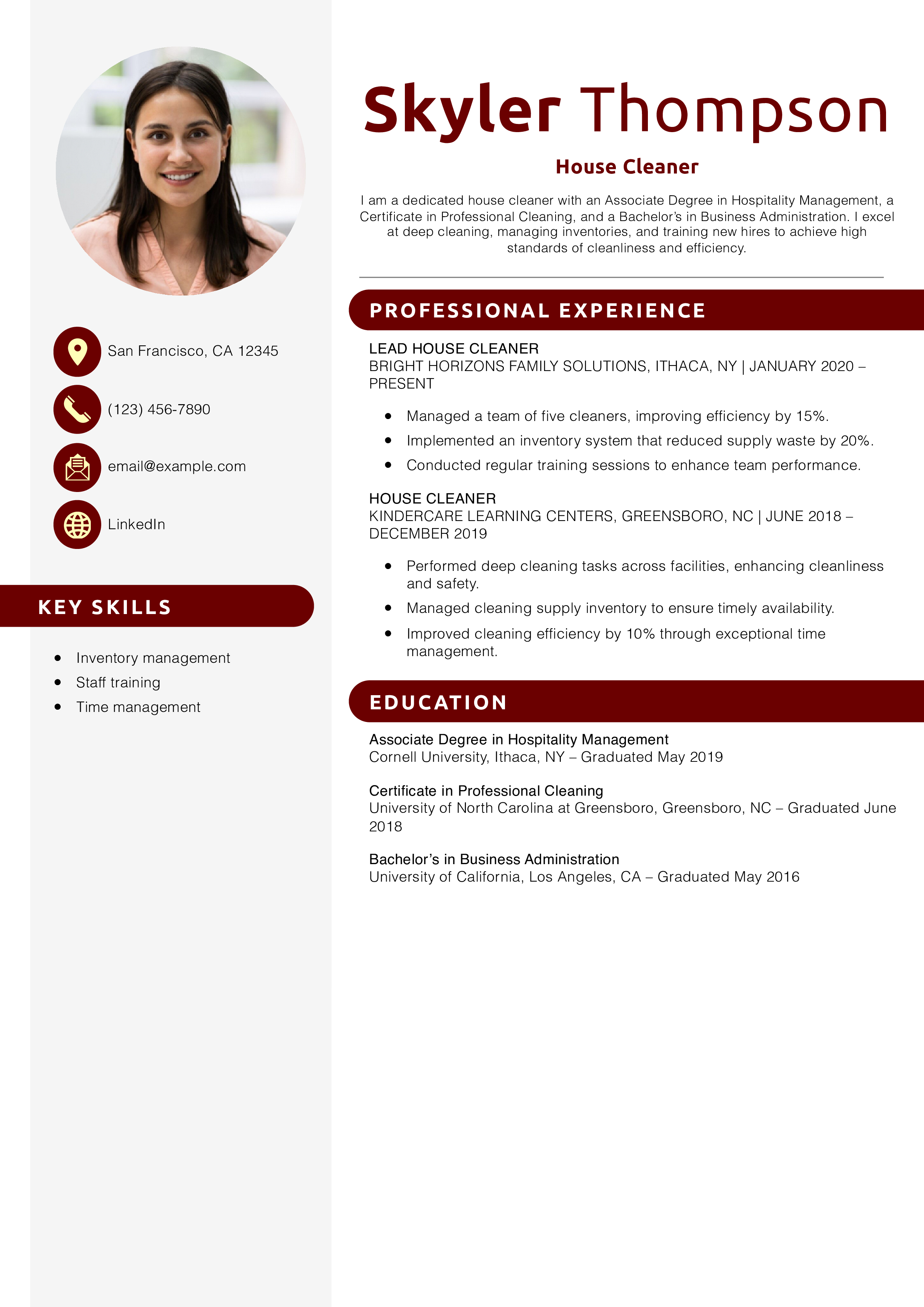 House Cleaner Resume Example